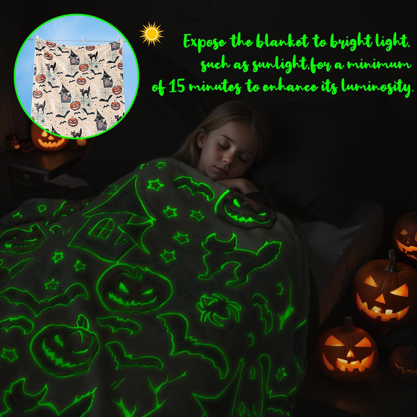 UOFON Halloween Pumpkin Blanket Kids Glow in The Dark Blanket Black Cat Halloween Decor Gifts for Women Boys Girls 50"x60"