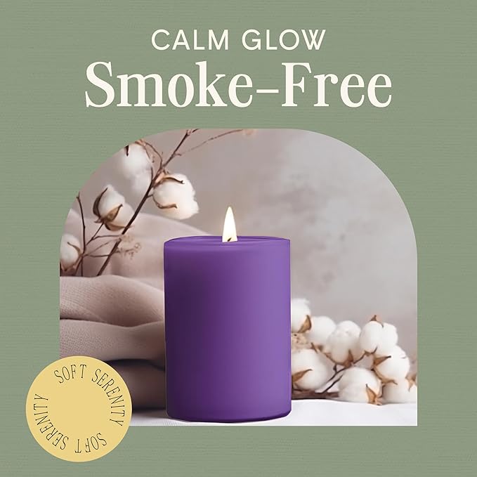 Mister Candle Dripless Unscented Pillar Candles, Set of 3 Hand Poured Solid Color Non-Scented Candles for Home Decor, Premium Wax, 60 Hr Burn Time - 3x4 Inch, Purple