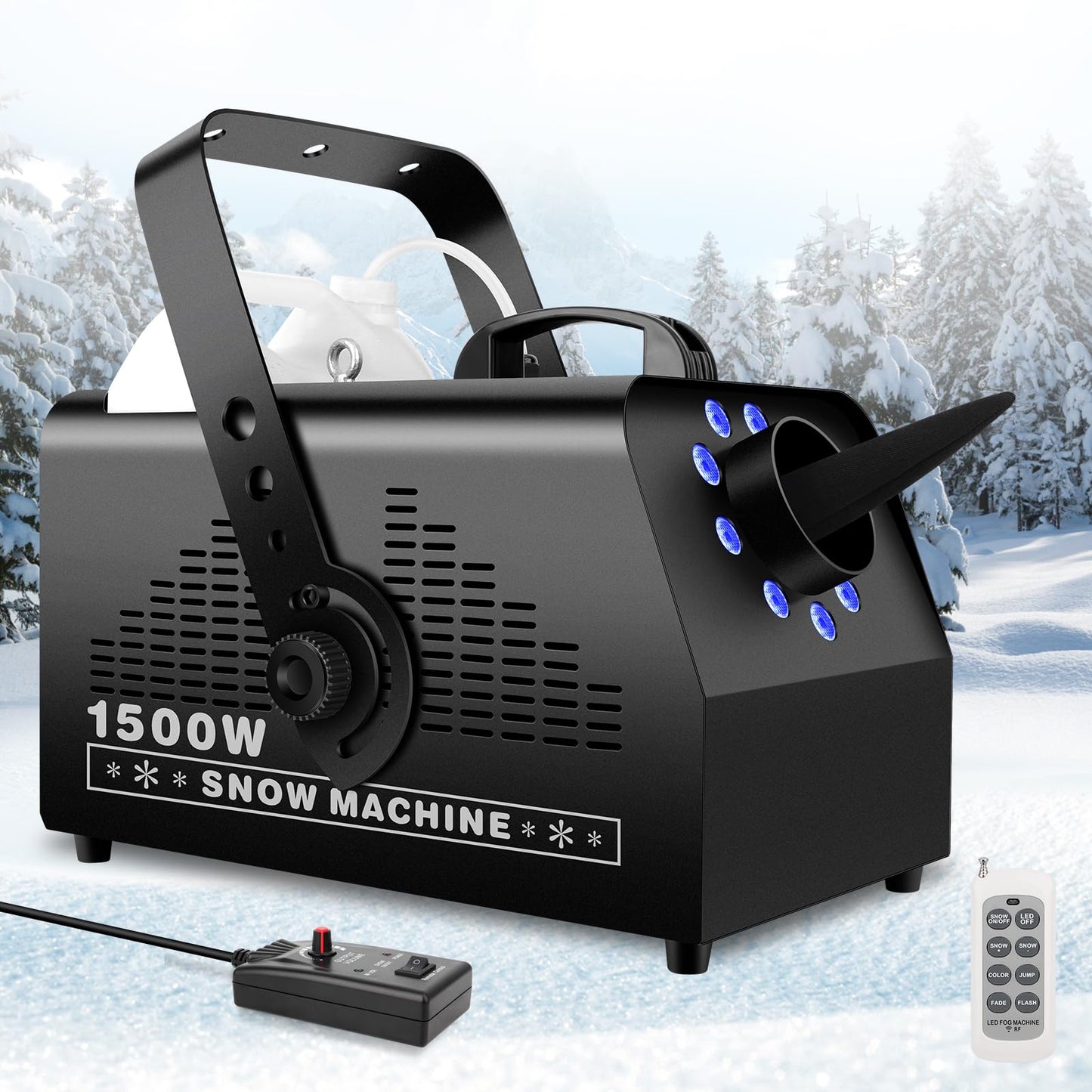 1500W Snow Machine Snowflake Maker: Wired & Wireless Remote Snow Volume - with 9LED RGB Lights - Artificial Fake Snow Machine for Outdoor Christmas Party Wedding Fiestas Holiday Stage Effects