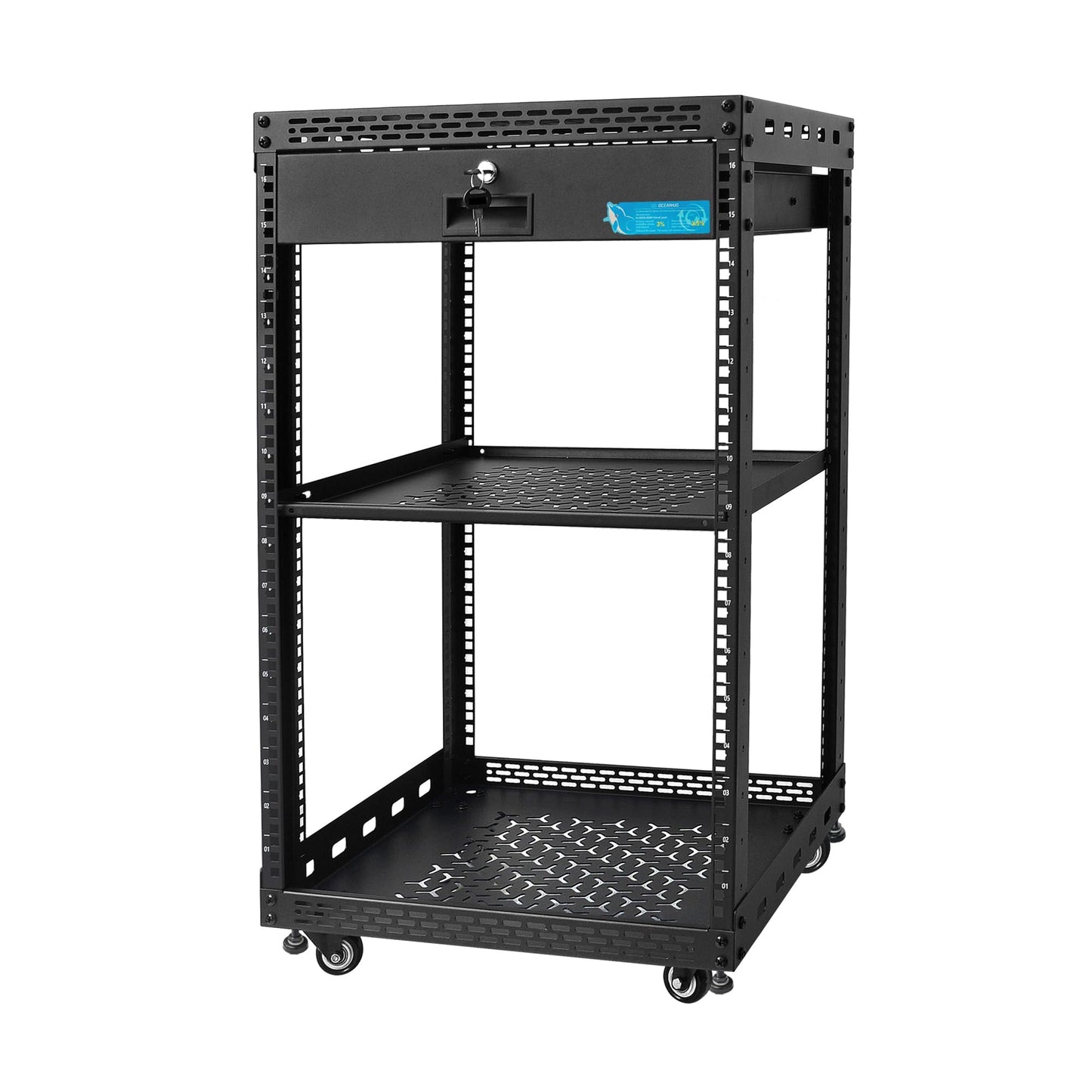OCEANHUG 16U Server Rack Cabinet with Drawer & Full Size Rack Shelf - Integrated Top/Bottom Panels, 4 Rolling Wheels for 19" Equipment & Home Lab Studio