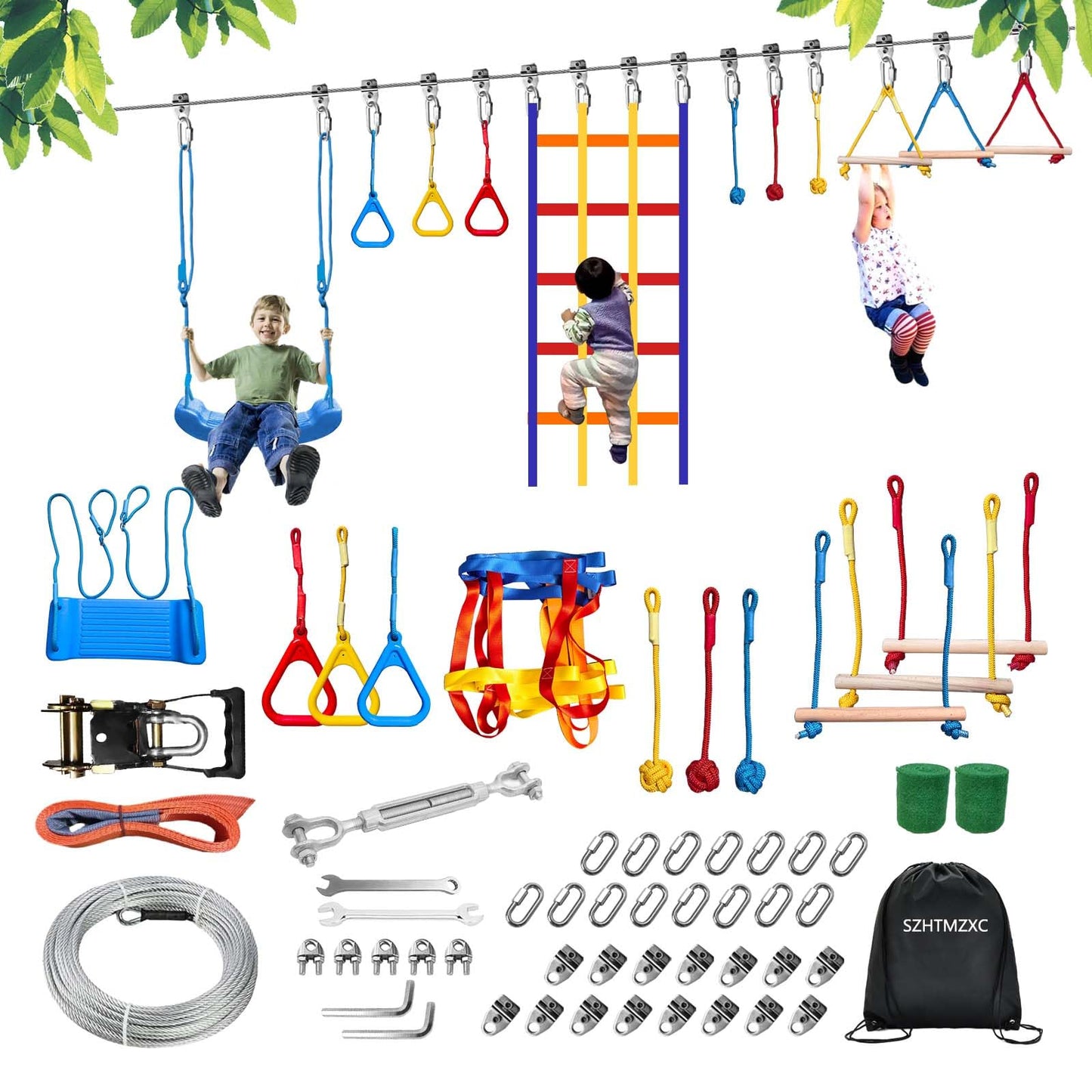 SZHTMZXC Ninja Warrior Obstacle Course for Kids Backyard Outdoor, 55ft Stainless Steel Main Cable, No Sagging, No Fraying, Weatherproof, 11 Pcs Training Accessories, Monkey Bar, Climbing Net, Swing