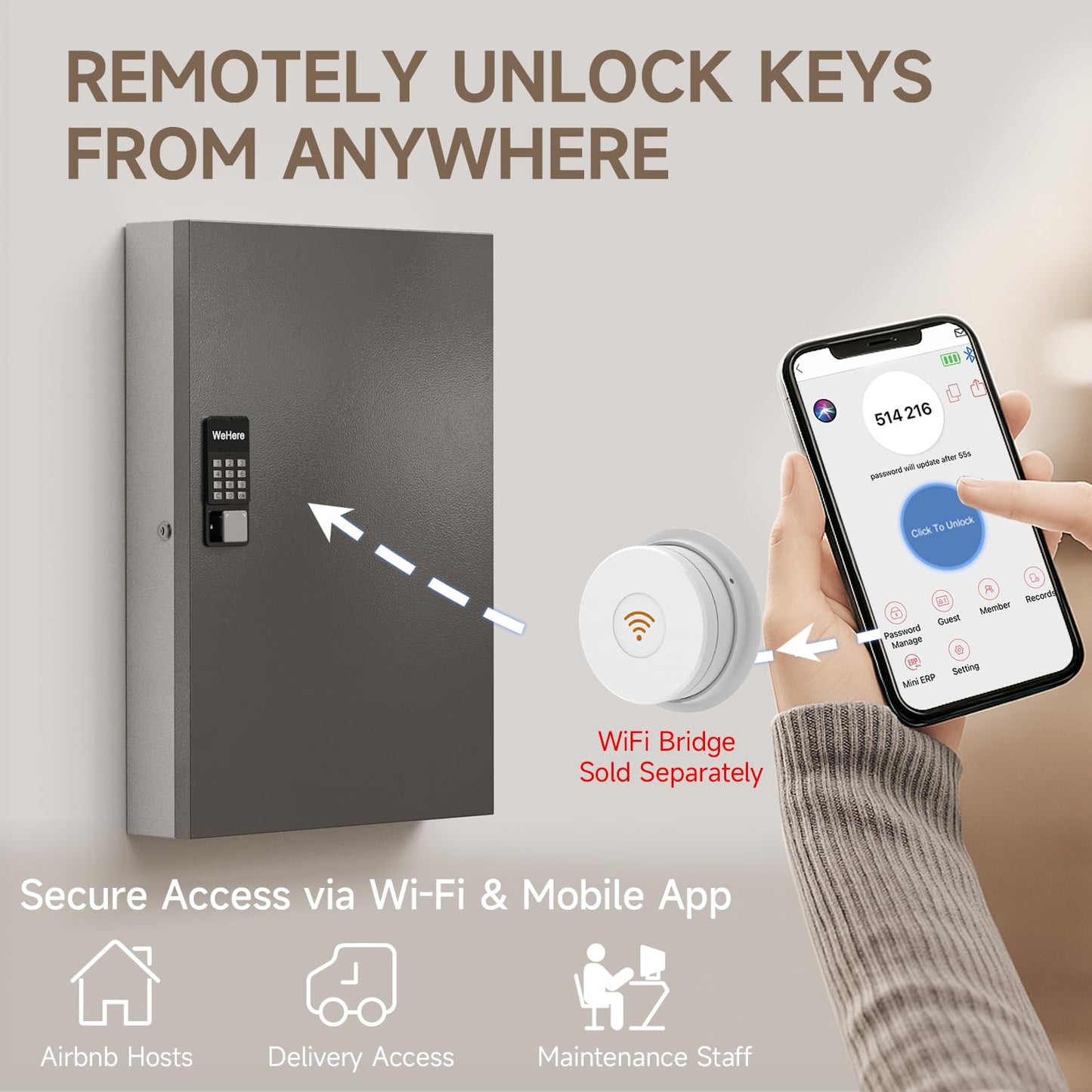 WeHere 192-Key Smart Key Lock Box with Key Management App(Track Key Borrow/Return), Keypad, Bluetooth & WiFi Unlock (Sold Separately), Wall-Mount Commercial Key Cabinet for School, Rental, Office