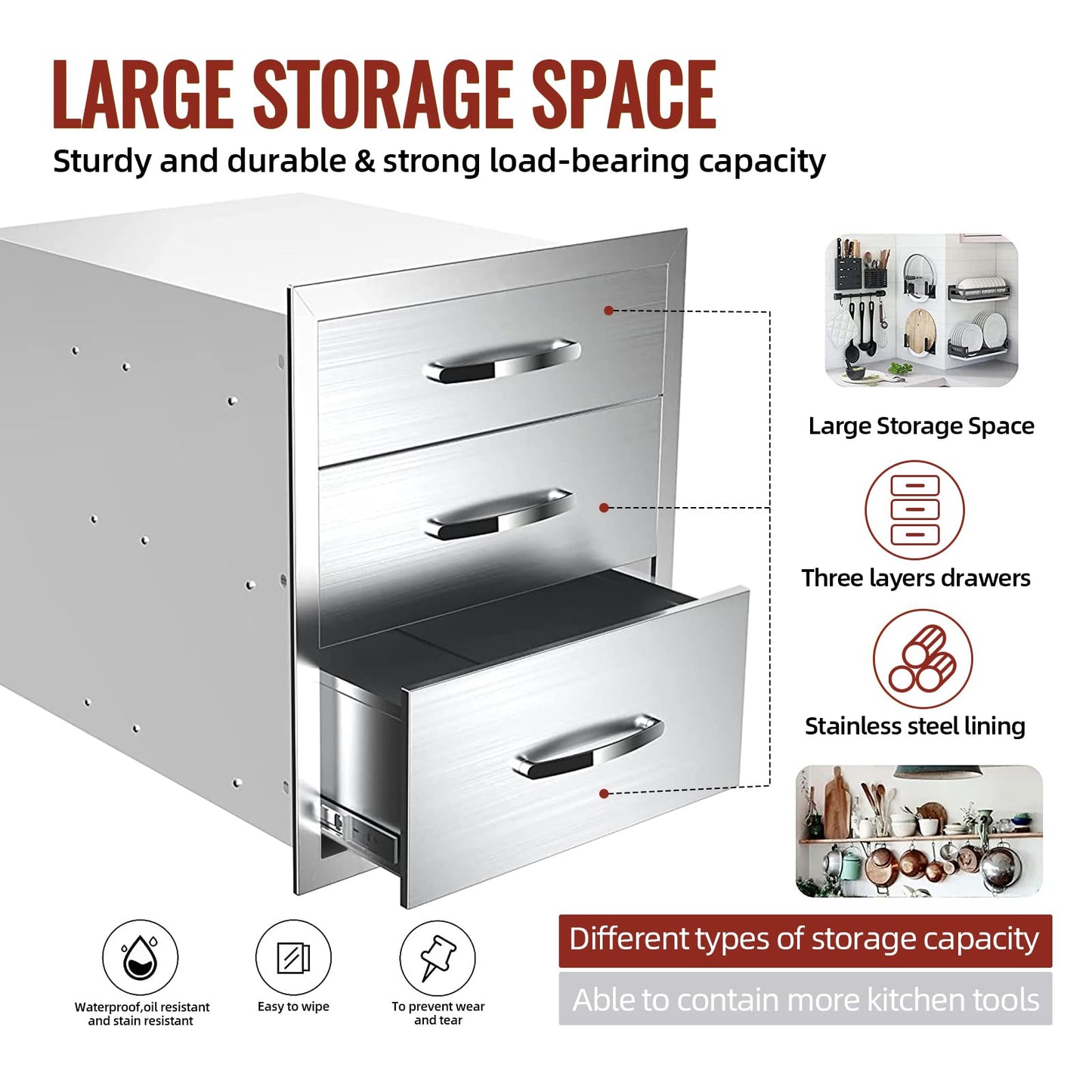 Migoda Outdoor Kitchen Drawers Stainless Steel, BBQ Drawer Inserts for Built-in Patio Grill Station, Triple Drawer, 16''W x 21''H x 23''D