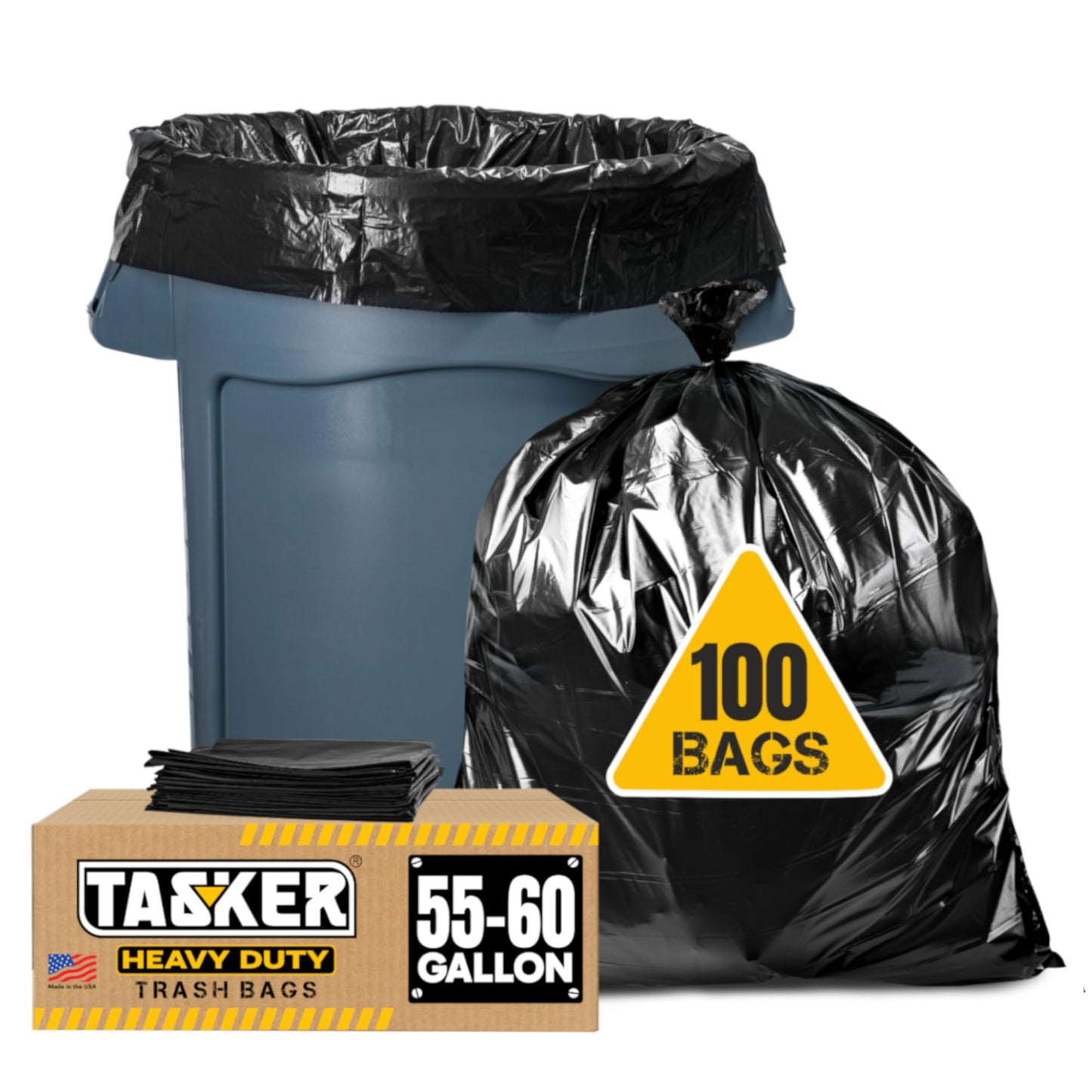 Tasker 55-60 Gallon Trash Bags Heavy Duty, (Value Pack 100 Bags w/Ties) Large Black Outdoor Trash Bags, Extra Large Trash Can Liners, 60 Gal, 55 Gal, 50 Gallon Trash Can Liner Capacity