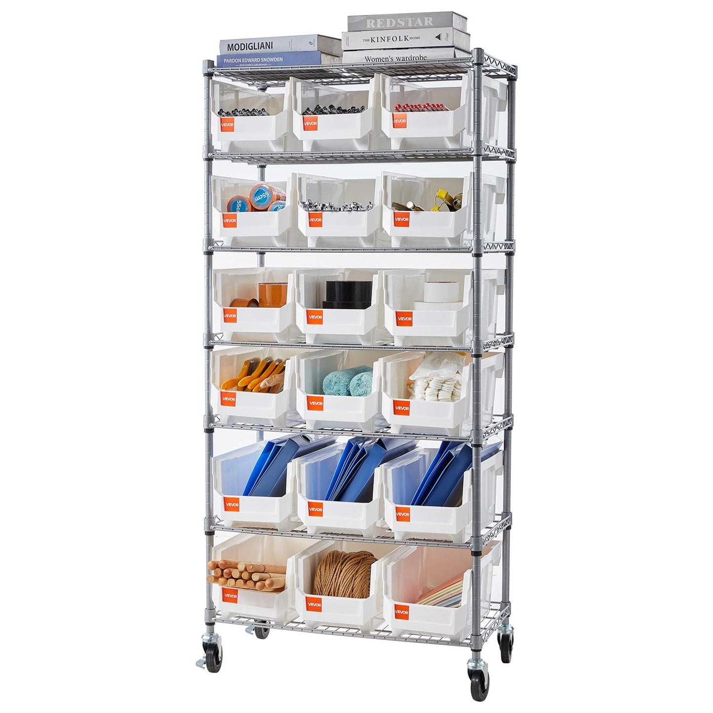 VEVOR 7-Tier Rolling Bin Storage Rack, 18 Organizer Bins, Bin Rack Storage Steel Wire Shelving System with Wheels, Mobile Tool Organizer for Garage, Warehouse, Office, Restaurant, Classroom, Kitchen