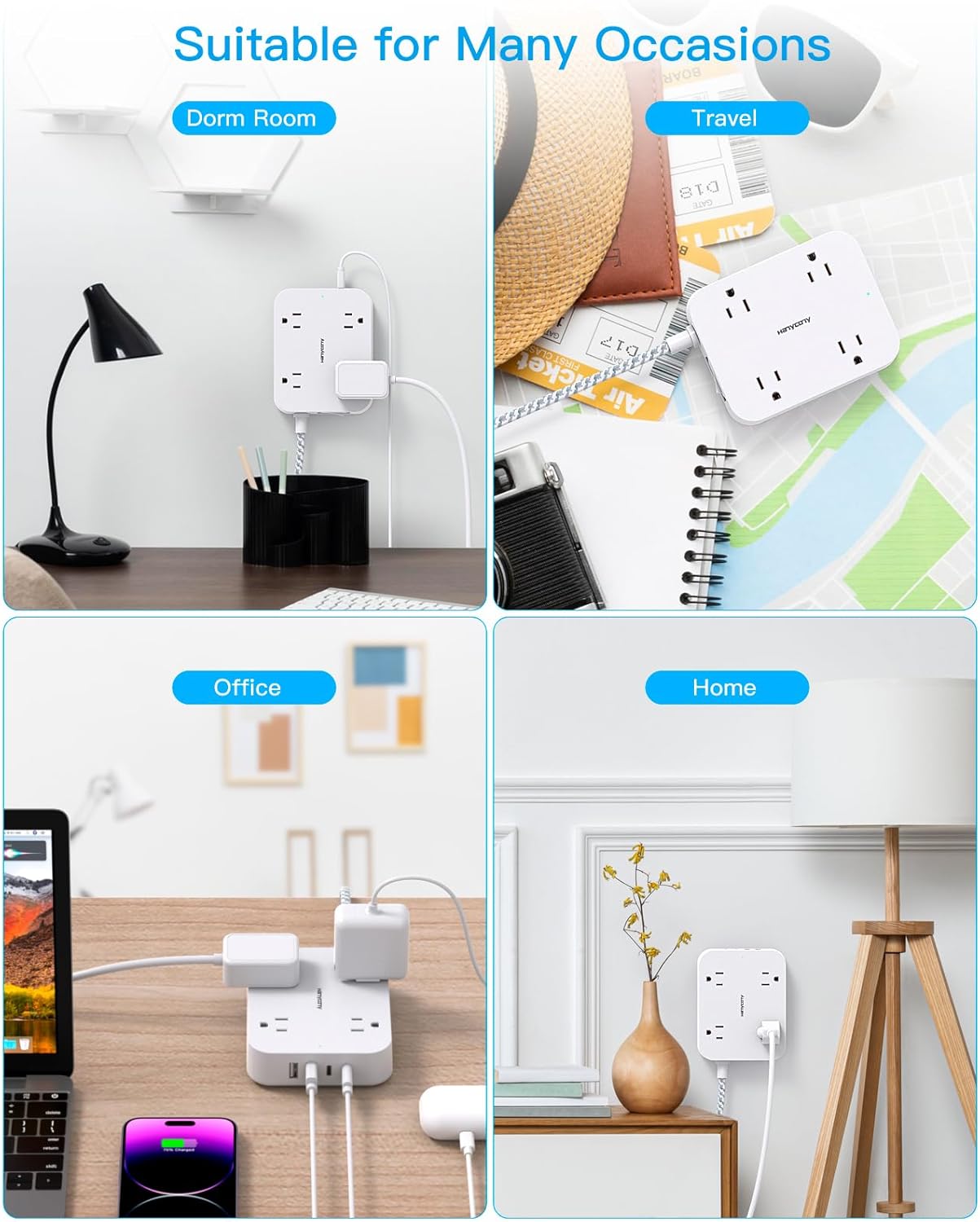 HANYCONY 5ft 4 Ports(2 4 Flat Plug Extension Cord, Power Strip with USB USB C), Widely Outlets Extender, Wall Mount