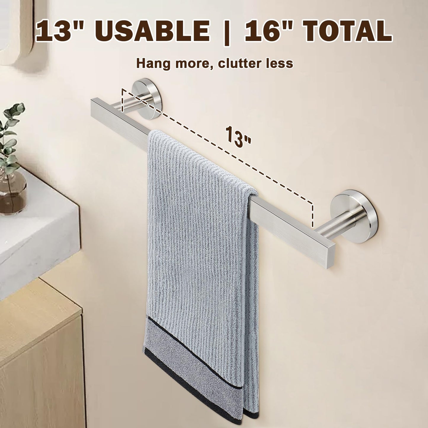 Siyzda Bath Towel Bar, SUS 304 Stainless Steel Towel Rack Holder Wall Mounted, Modern Shower Rod for Bathroom Kitchen Home Decor, 16 Inch (Brushed Nickel)
