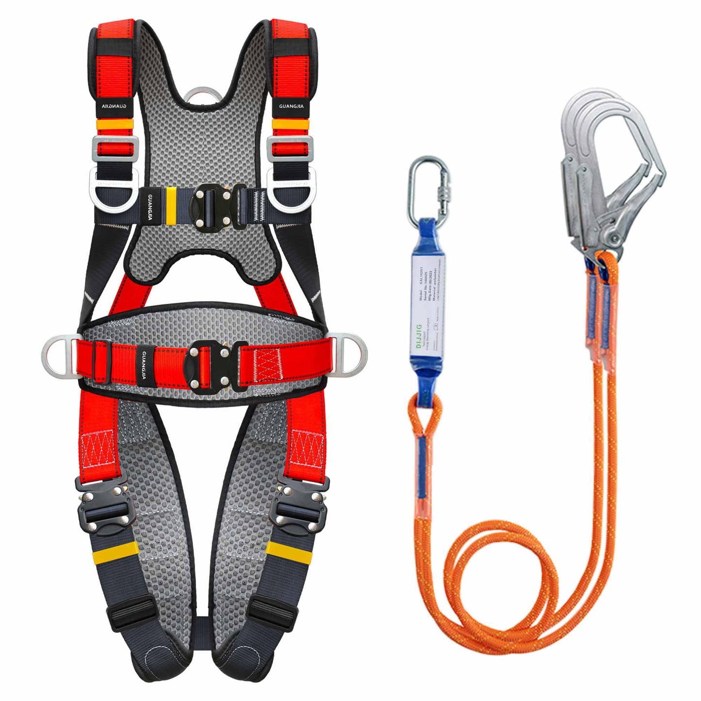 DIJJIG Fall Protection Safety Full Body Harness 5pt Adjustment Safe Comfortable Construction Positioning Harness Extra Long Thick Leg Back Padded Push-Button Quick-Lock Buckles OSHA and ANSI compliant