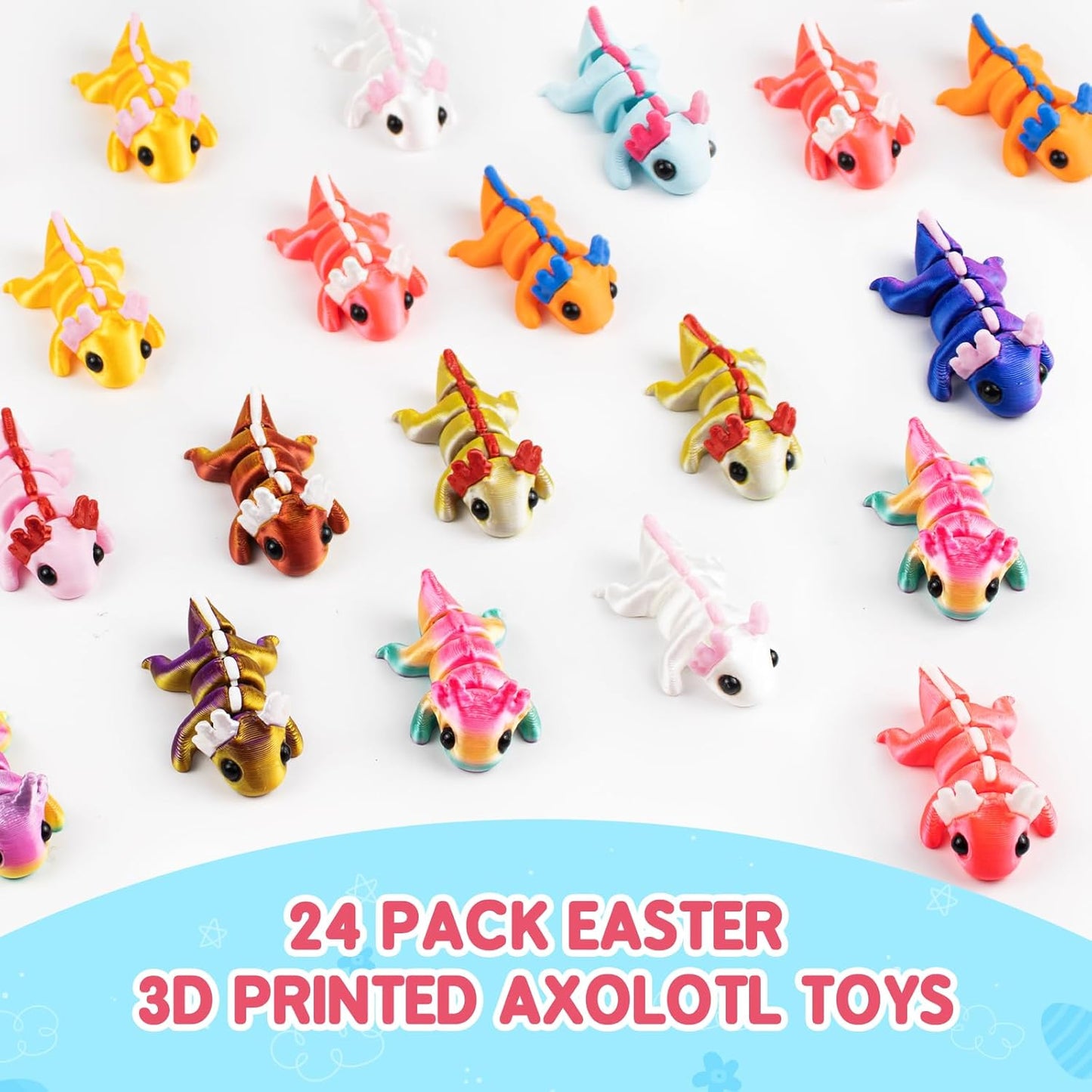 Skiennix Easter Basket Stuffers - 24 Pack Prefilled Easter Eggs with 3D Printed Axolotl Toys - Fun Mini Fidget Figures for Kids