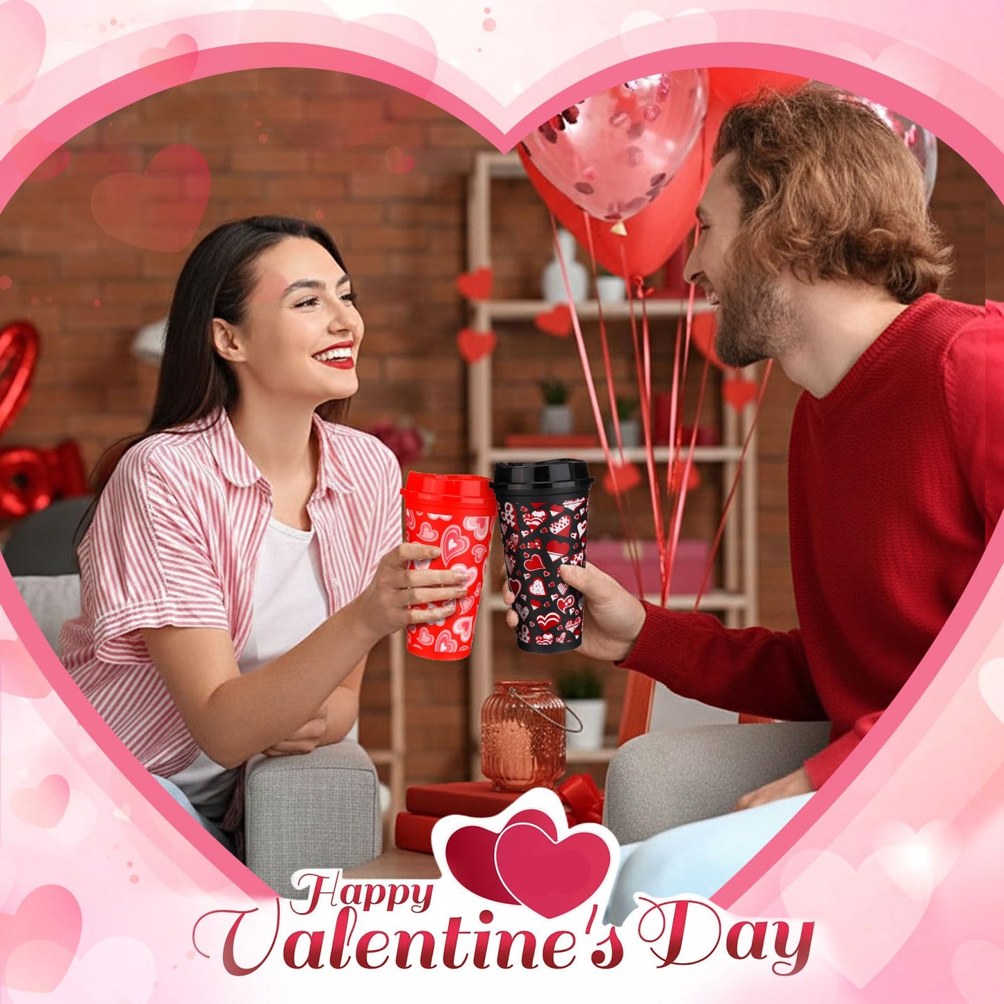 Pickmesh 28 Pack Valentines Day Coffee Cups Gift Bulk for Women Teachers 16 oz Reusable Valentine Coffee Mugs with Lid Red Heart Plastic Tumblers Thank You Mug for Hot and Cold Drinks