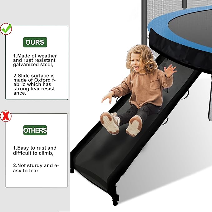 Eurmax USA Universal Easy-to-Assemble Trampoline Slide Ladder, Heavy Duty Steel Trampoline Accessory Slide for Kids Climb Up&Slide Down/Black with Shoes Pocket