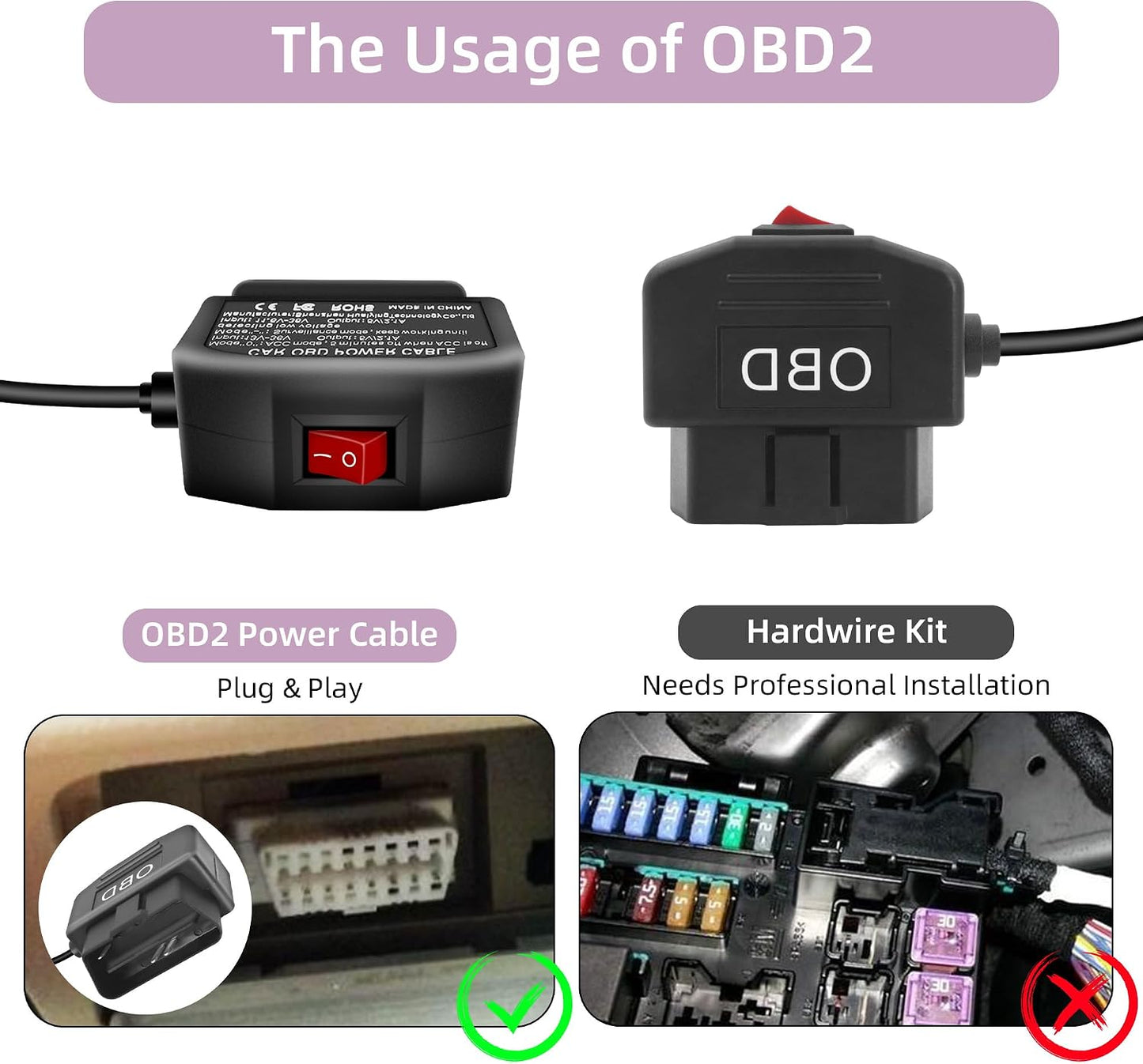 RIIEYOCA OBD2 24 (11.5FT/3.5M) Power Cable for Dash Cam,USB-C to OBD-II Hardwire Adapter with Switch Button Connector