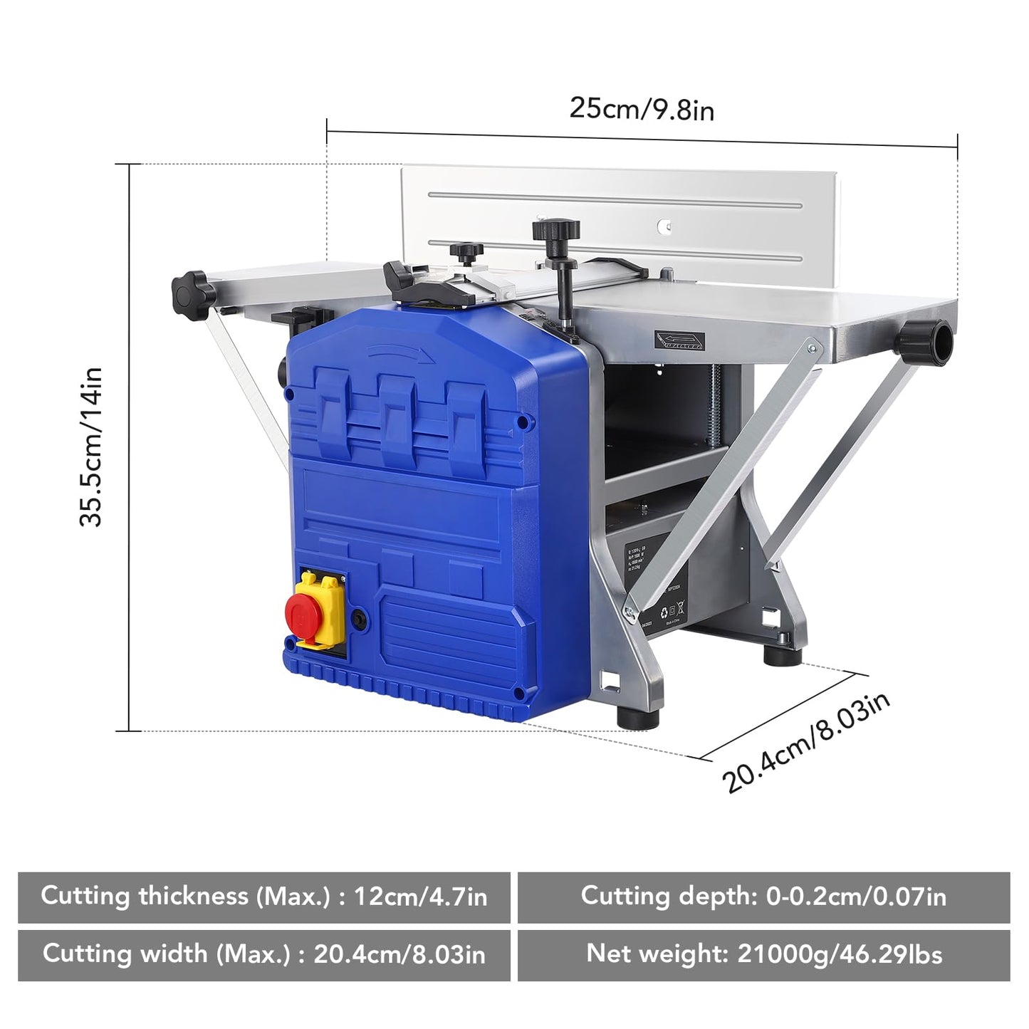 1250W Power Benchtop Planer, 29 "x 8" Worktable Thickness Wood Planer, Low Noise, Low Dust Planing and Dual Planing Function, for Removing Hard and Soft Wood Materials, Blue