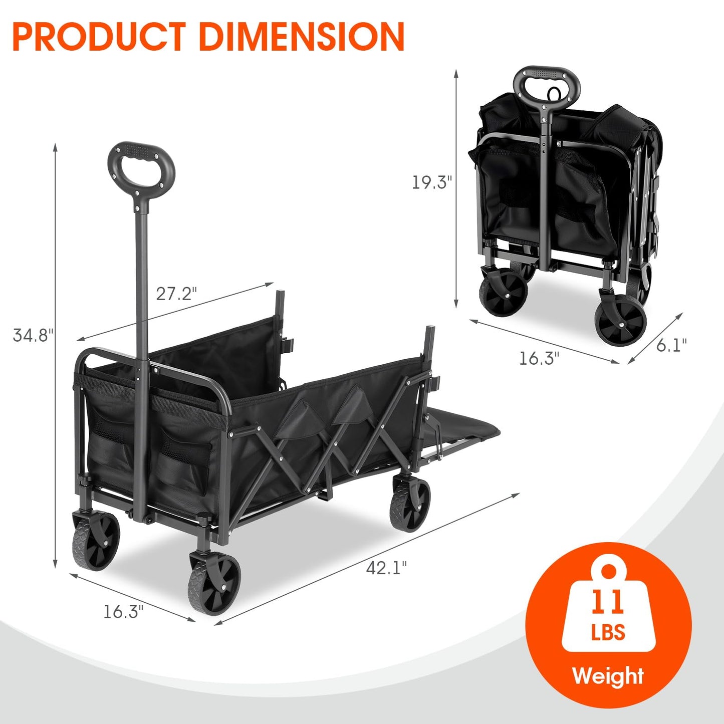 Verovita 350LBS Heavy Duty Collapsible Wagon with Extended Tailgate - 120L Foldable Utility Cart, All-Terrain Wheels Portable Beach Wagon for Camping, Grocery Shopping, Picnic & Outdoor Travel