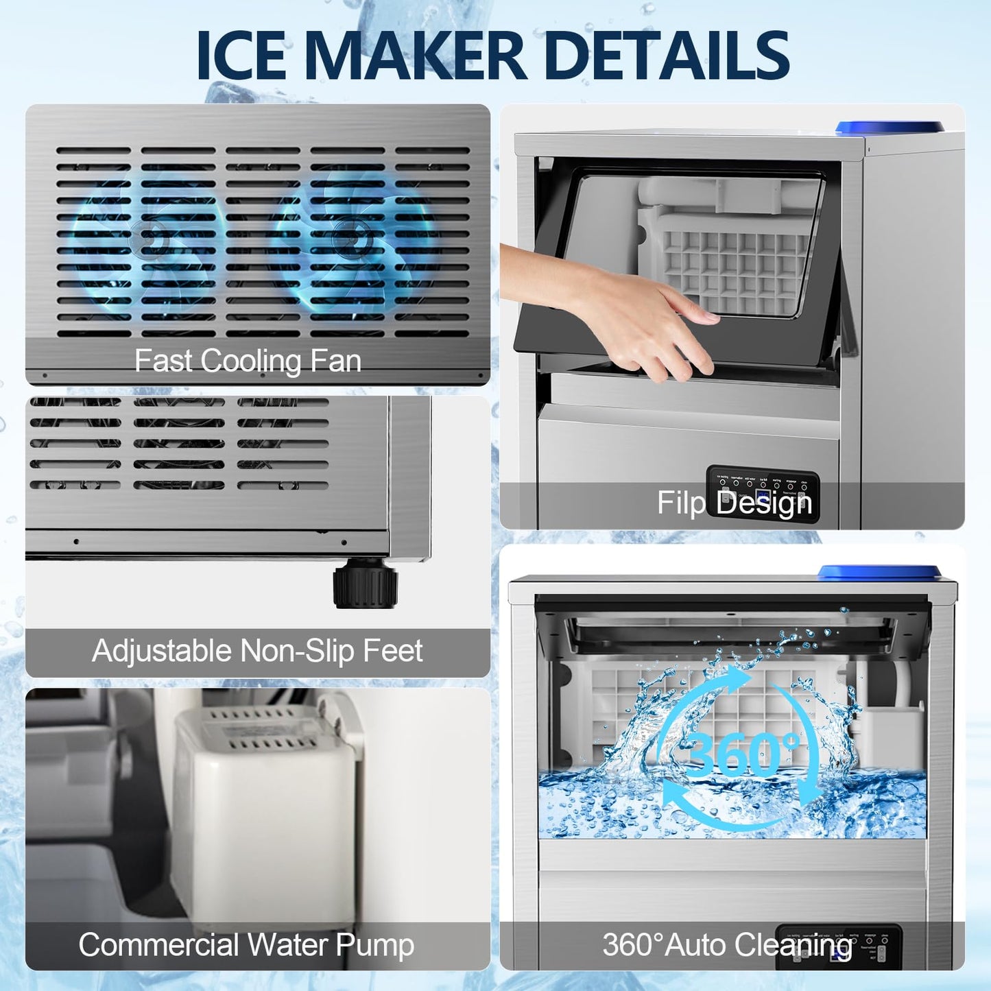 Commercial Ice Maker Machine, 150Lbs/24H with 45Lbs Storage, Fast Ice Making in 8-15Mins, Stainless Steel Under Counter or Freestanding Ice Machine for Home, Party, Office - 2 Water Inlet Modes