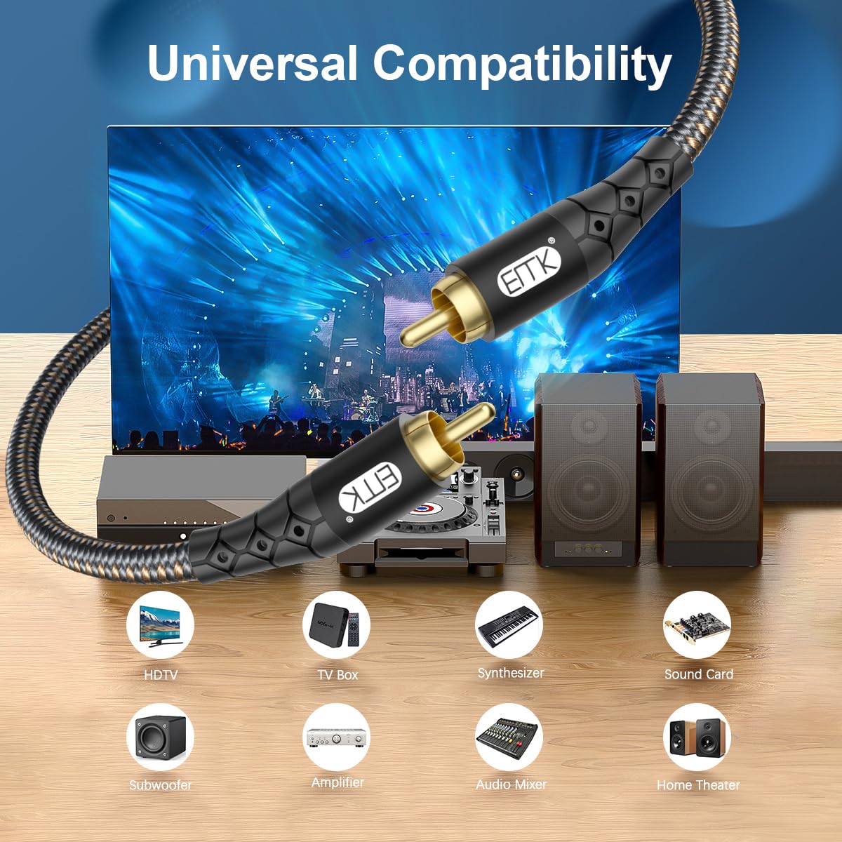24K Black/25ft/8m EMK RCA to RCA Subwoofer Cable Gold-Plated Connector Nylon Braided Double Shielded Audio Cable