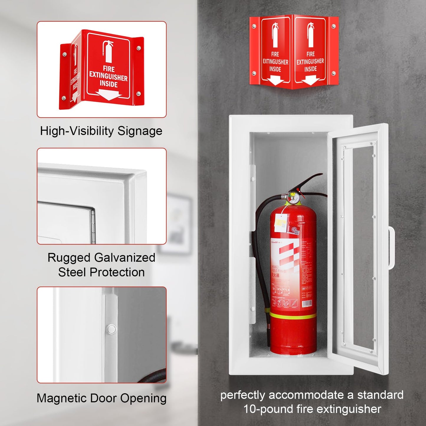 Tripolss Fire Extinguisher Recessed Wall Cabinet, Galvanization Steel Fire Extinguisher Box with Magnetic Door, Suitable for 10 Lb Fire Extinguishers, Equipped Acrylic High-Position Sign (White)