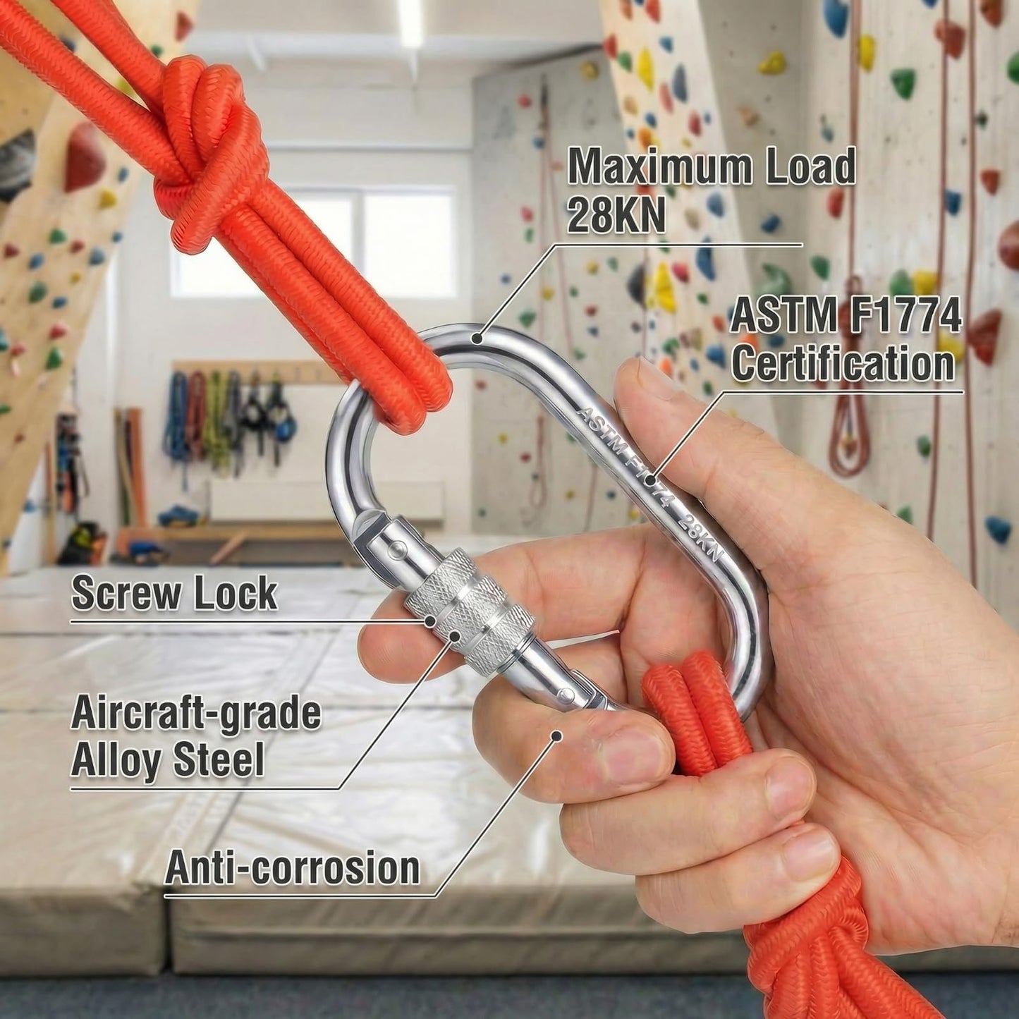 Heavy Duty Locking Carabiner Clip - 28KN /6295lbs Oval Carabiner, 4.3" Large High Strength Alloy Steel Caribiniers for Hammocks, Rigging, Gym, Ropes
