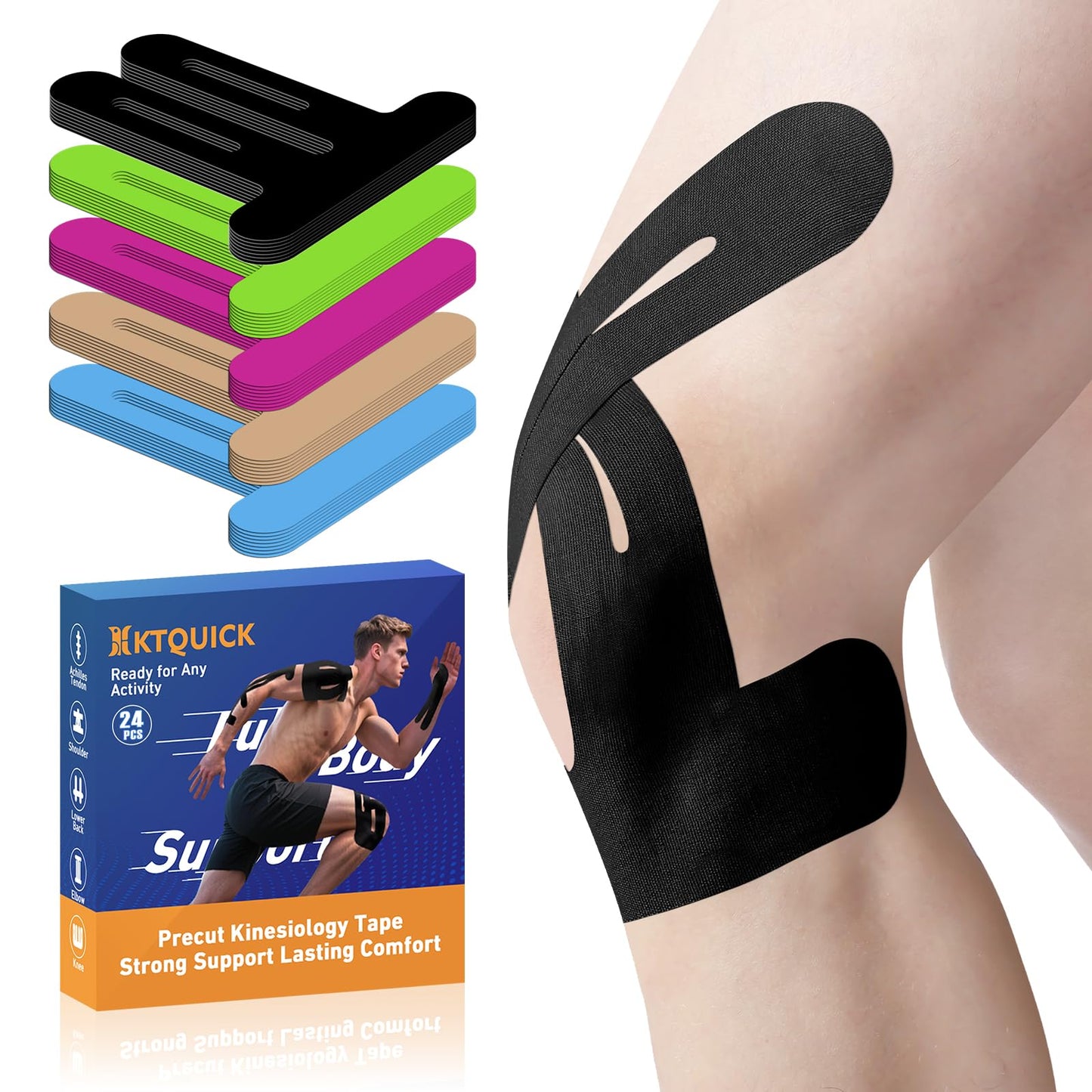 PreCut Kinesiology Tape for Knees, 24 PCS Waterproof KTQUICK Knee Tape for Knee Pain Relief Pre Cut, Original Cotton Athletic Knee Tape, Waterproof & Hypoallergenic Latex-Free for Sports (Black)