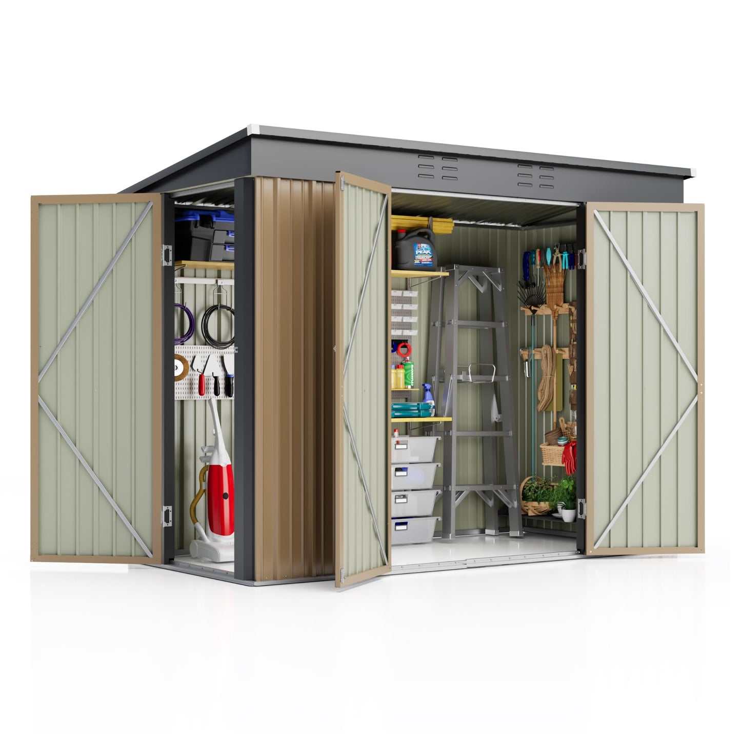 JUMMICO 8x4 FT Outdoor Storage Shed, Heavy Duty Tool Metal Sheds with 3 Lockable Doors and Updated Frame Structure for Backyard Patio Lawn, Brown