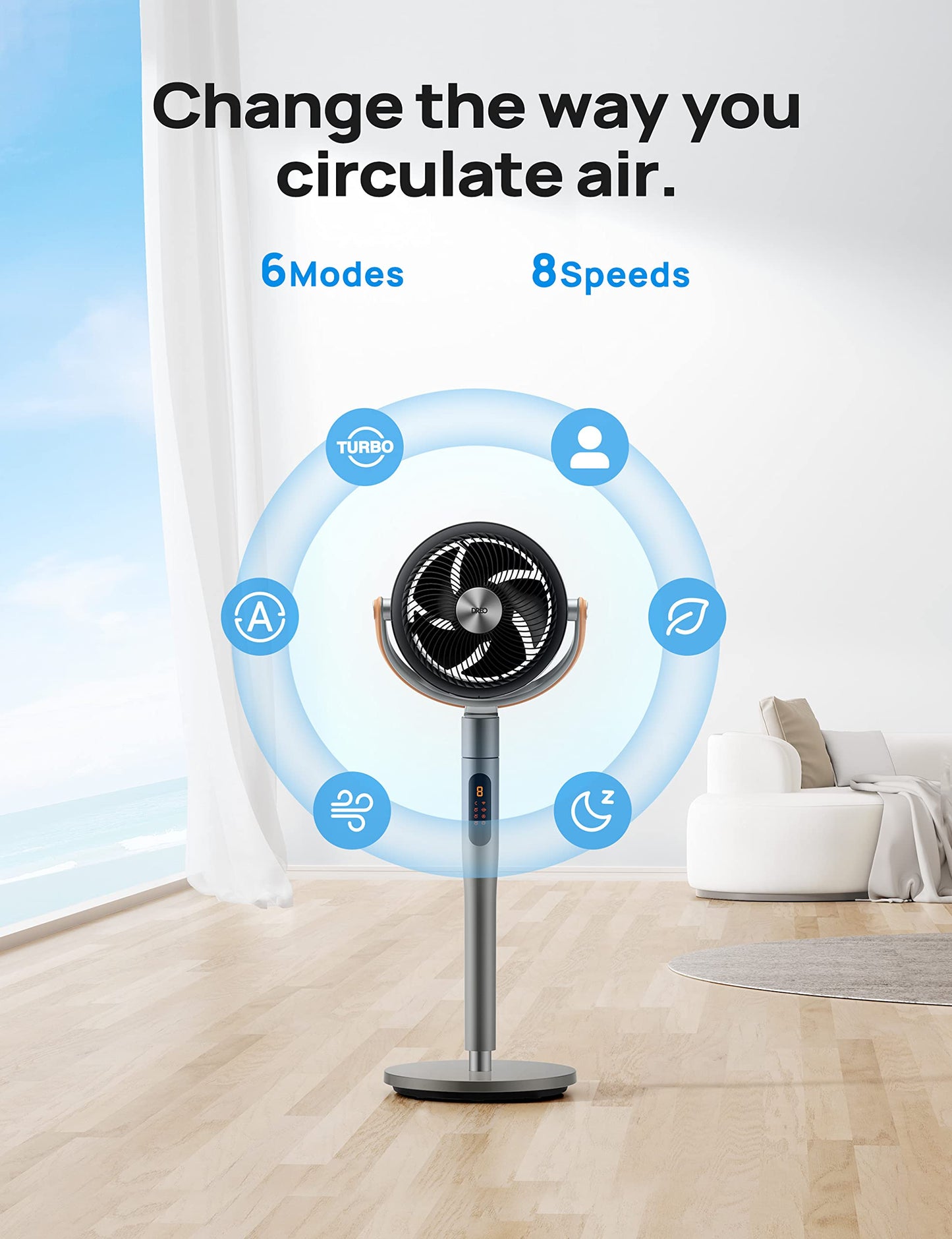DREO Smart Fan for Bedroom, 120°+105° Omni-directional Oscillating Standing Fans with Remote, 100ft Quiet Floor Fan for Room, Wi-Fi/Voice/Alexa, 6 Modes, 8 Speeds, 37-43'' Height, 12H Timer, DC Motor