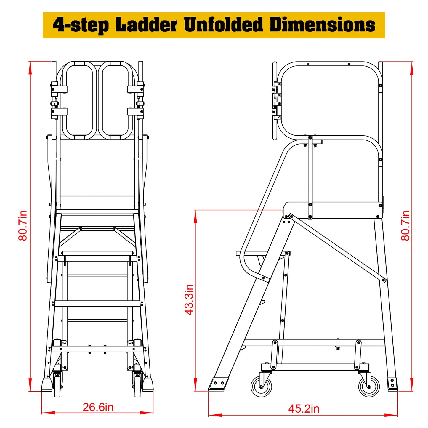 WIILAYOK 4 Step Ladder Aluminum Rolling Platform Ladders with 360° Guardrail System, Industrial Safety Non-Slip Rolling Ladder with Wheels for Warehouse, Garage, 375 lbs Capacity