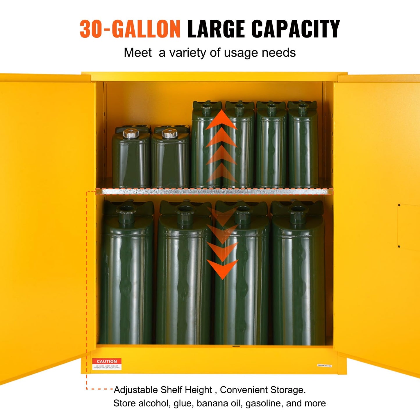 VEVOR Flammable Cabinet 18" x 43" x 50", Cold-Rolled Steel Flammable Liquid Storage Cabinet 34 Gal with 2 Adjustable Shelves/2 Manual Closing Doors for Industrial Use, Yellow