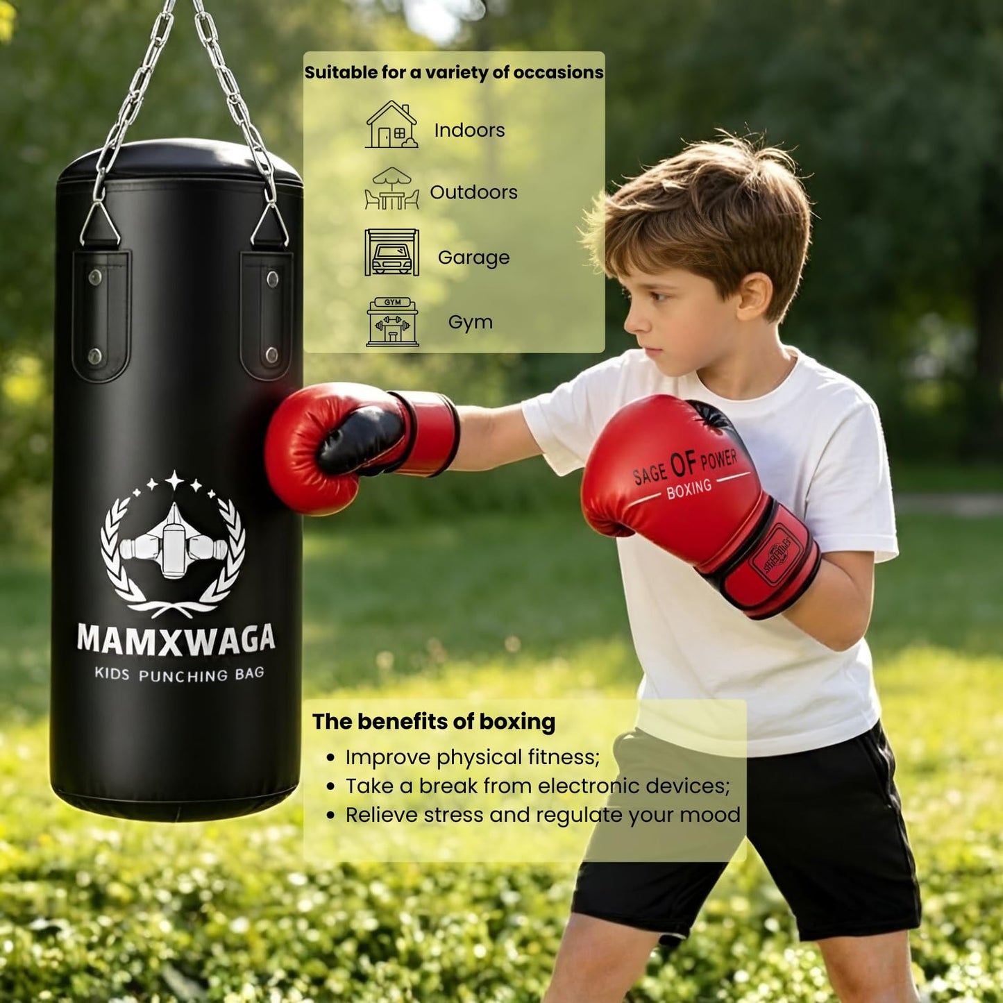 Mamxwaga Kids Punching Bag Set Unfilled, Hanging Boxing Bag Kickboxing Bag with Boxing Gloves, Kids Boxing Set for 3-12 Years, for Youth Karate Muay Thai Kick Taekwondo Training