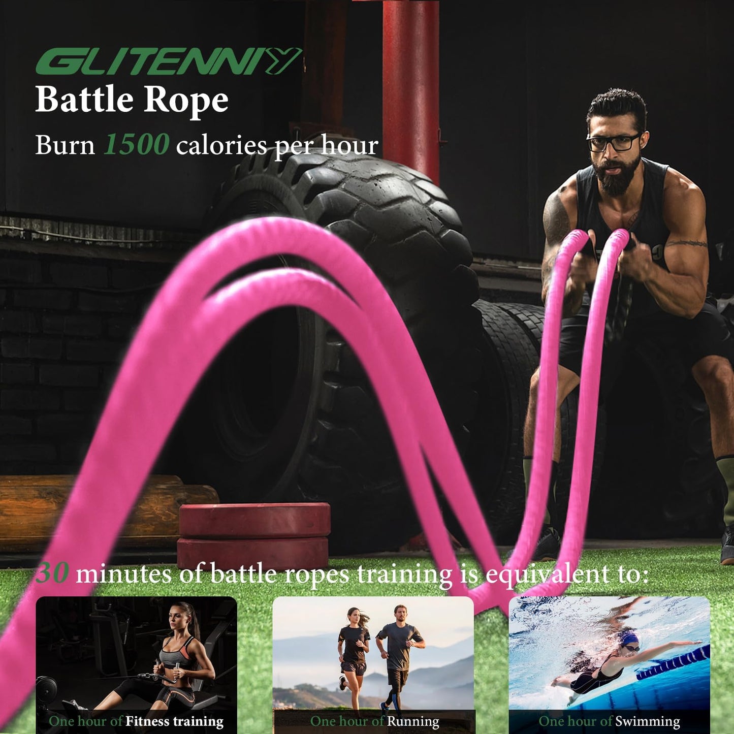 1 inch 30ft Pink Battle Rope Workout Rope Battle Ropes for Home Gym Exercise for Working Out for Exercise Training Weighted Workout
