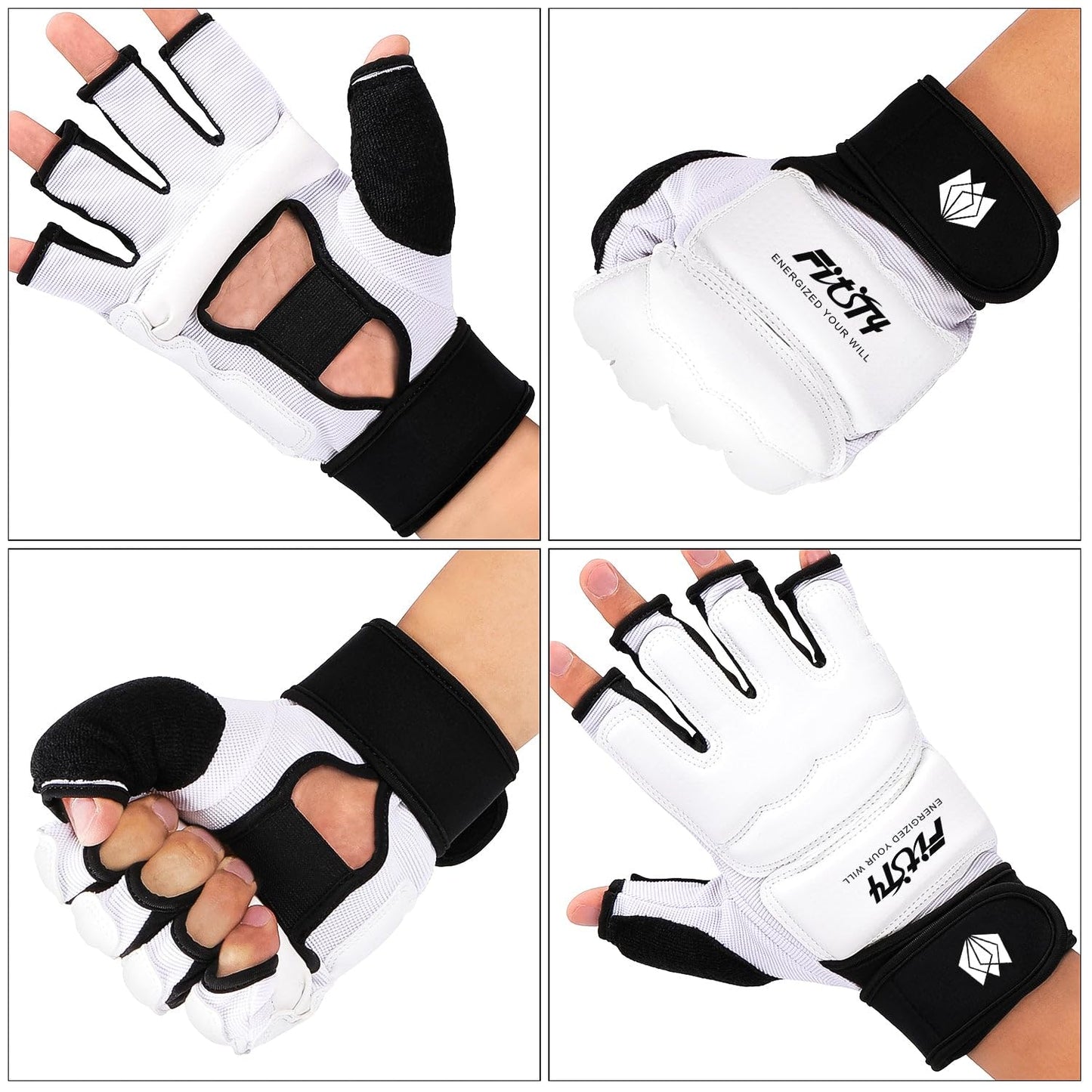 FitsT4 Sports Half Mitts MMA UFC Training Boxing Punch Bag Kickboxing Sparring Grappling Martial Arts Muay Thai Taekwondo Wrist Wraps Support Gloves for Women Men Kids White L