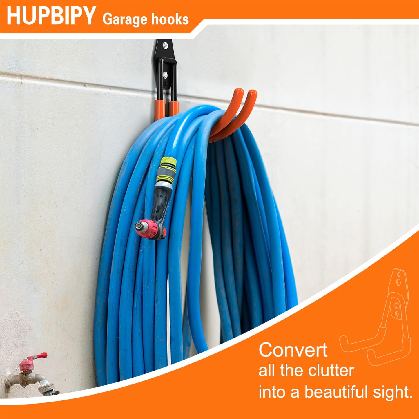 HUPBIPY Heavy Duty Garage Hooks 4 Pack, J Shaped Hanger, Wall Mounted Storage System, Power and Garden Tool Organizer, for Hanging Ladders, Bikes Tires, Hose, Bulk Items