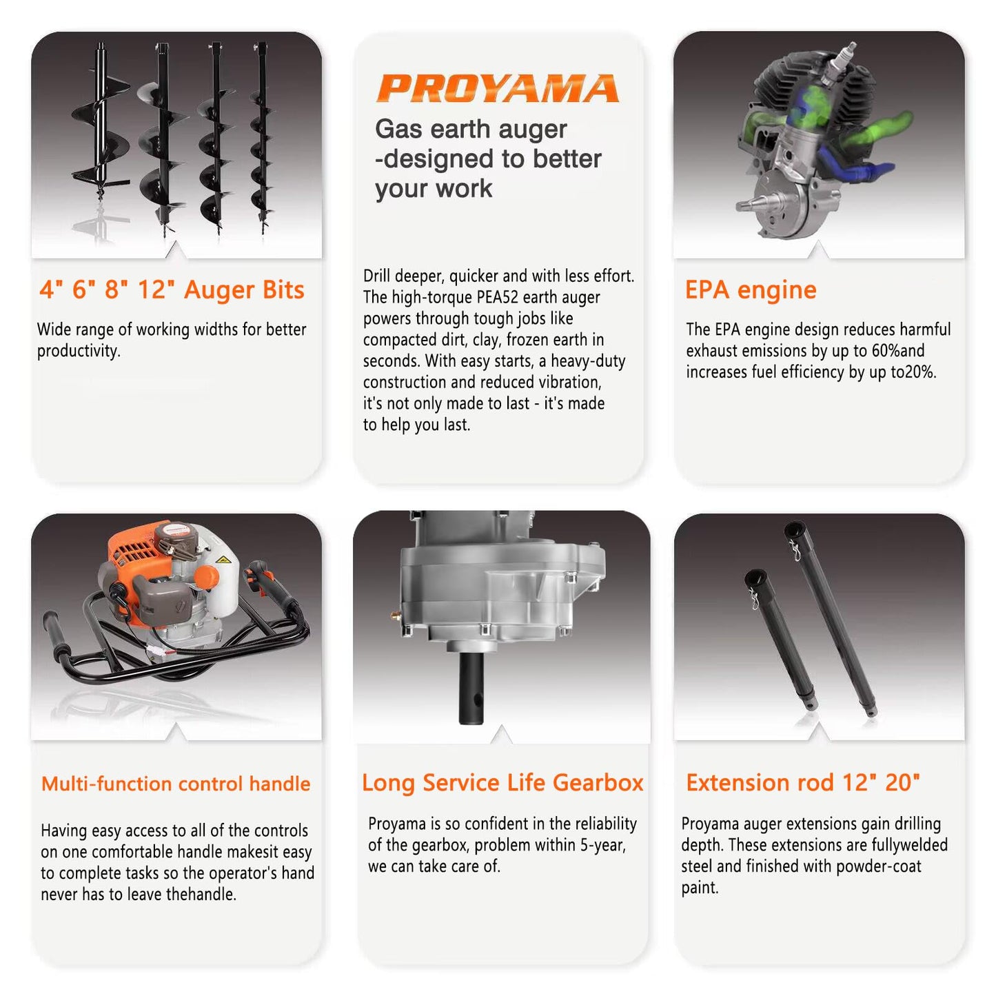 PROYAMA 54cc Post Hole Digger Gas Powered 2 Cycle Earth Auger, 5-Year Warranty Gear Box, 4 Drill Bits 4" 6" 8" 12" + Extension Rod 12" 20"