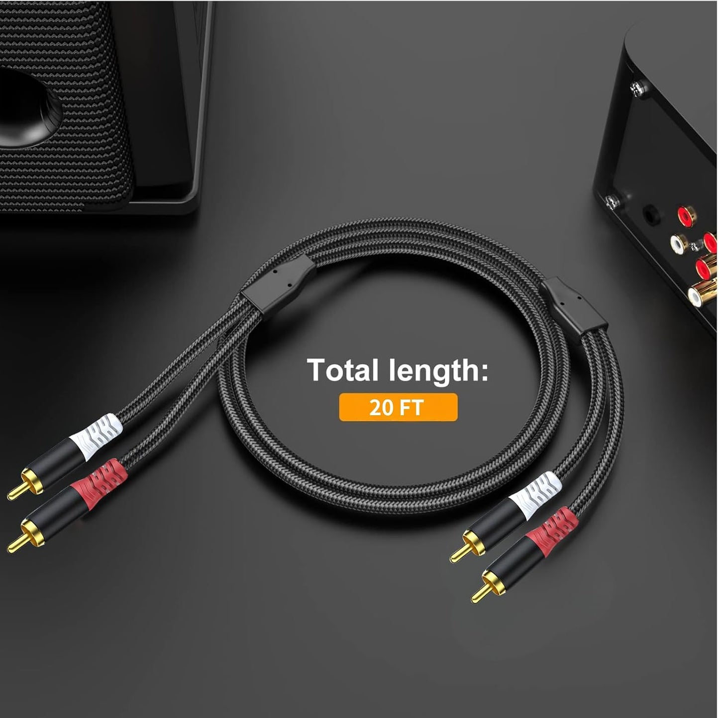 20FT 20 HOSONGIN RCA Audio Cable - Dual Shielded Noise Free Durable Braided Male to Male Long Audio Cord for Home