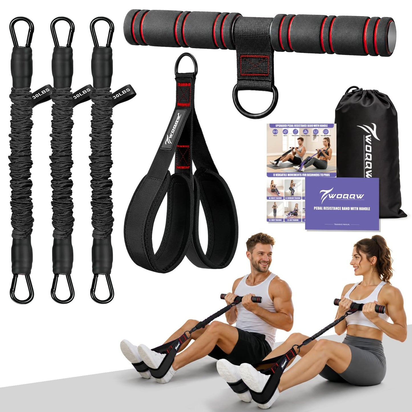 WOQQW Multifunction Pedal Resistance Band with Handle, Upgraded 3 Tube Adjustable Foot Resistance Bands for for Core, Arm, Legs, Body Puller Trainer - Sit Up Exercise Equipment for Women Men