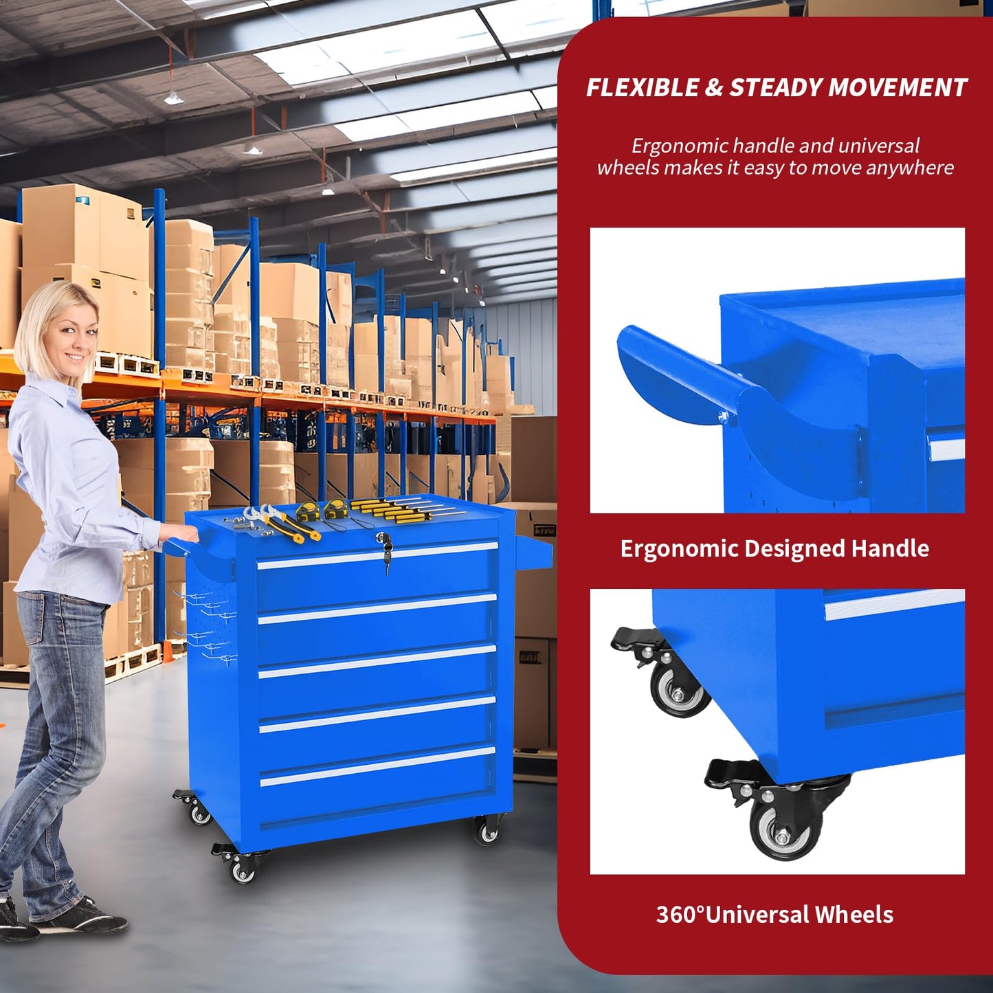 5 Drawers Rolling Tool Chest, Metal Tool Box with Wheels & Lock, Tool Drawers Garage Tool Storage Cabinets Organizer Rolling Cart Toolbox on Wheels for Garage, Workshop, Repair Shop(Assembly Required)