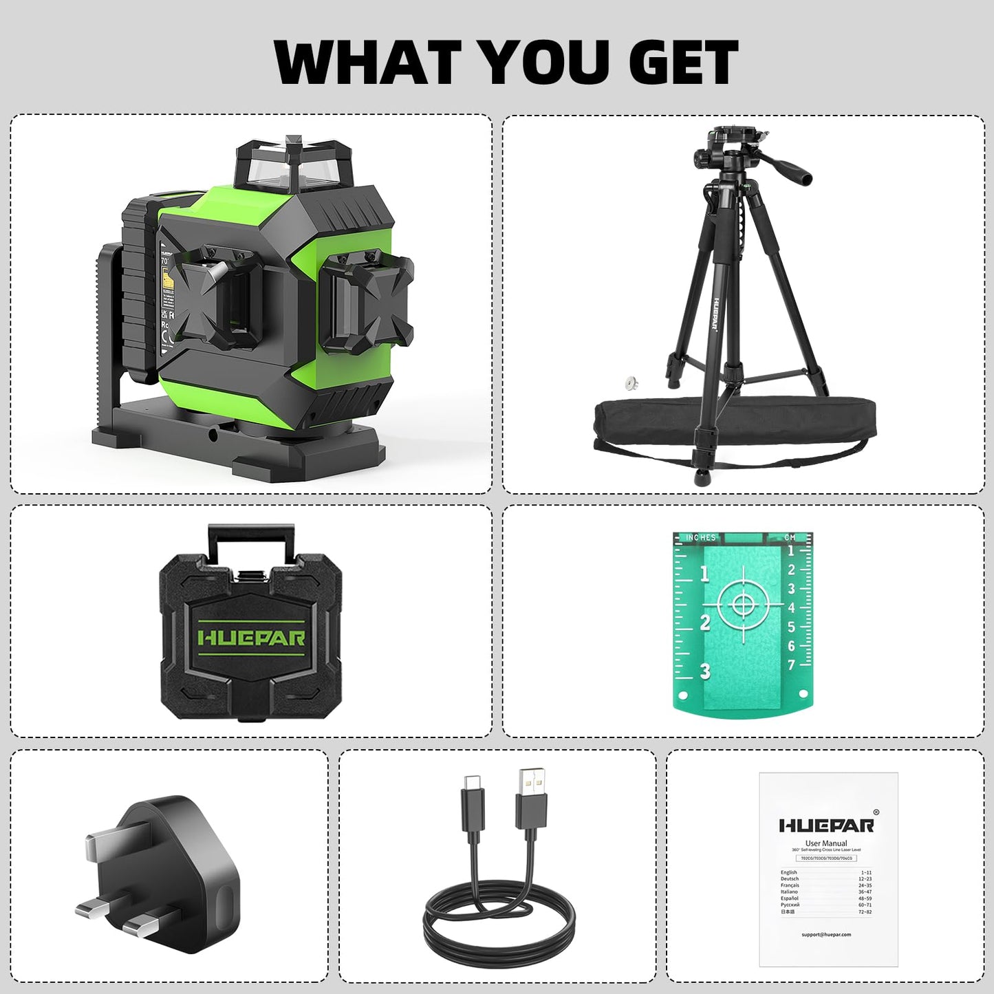Huepar 360 Laser Level Self-Leveling Cross Line Laser Level 3D Green Beam 197Ft. Laser Tool 67.72" Lightweight Extendable Tripod, Li-ion Battery, Magnetic Base, Hard Carry Case-703CG&T16A