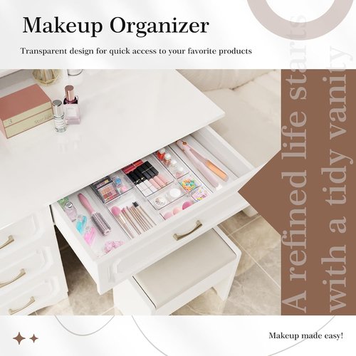 Criusia 14 PCS Clear Plastic Drawer Organizer Set | 5 Large Non-Slip Storage Bins for Kitchen & Bathroom