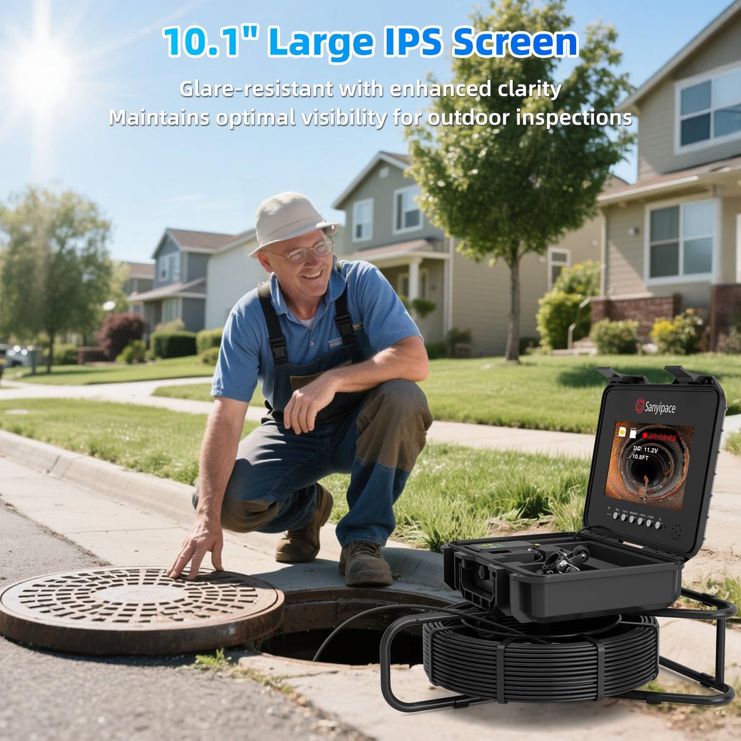 Sanyipace Sewer Inspection Camera 230FT/70M, Self-Leveling Drain Pipe Camera, Distance Counter, 5-Level Brightness, 1080P Plumbing Camera for Plumber, 32GB Card, 4500mAh Battery, 5mm/0.2-inch Cable