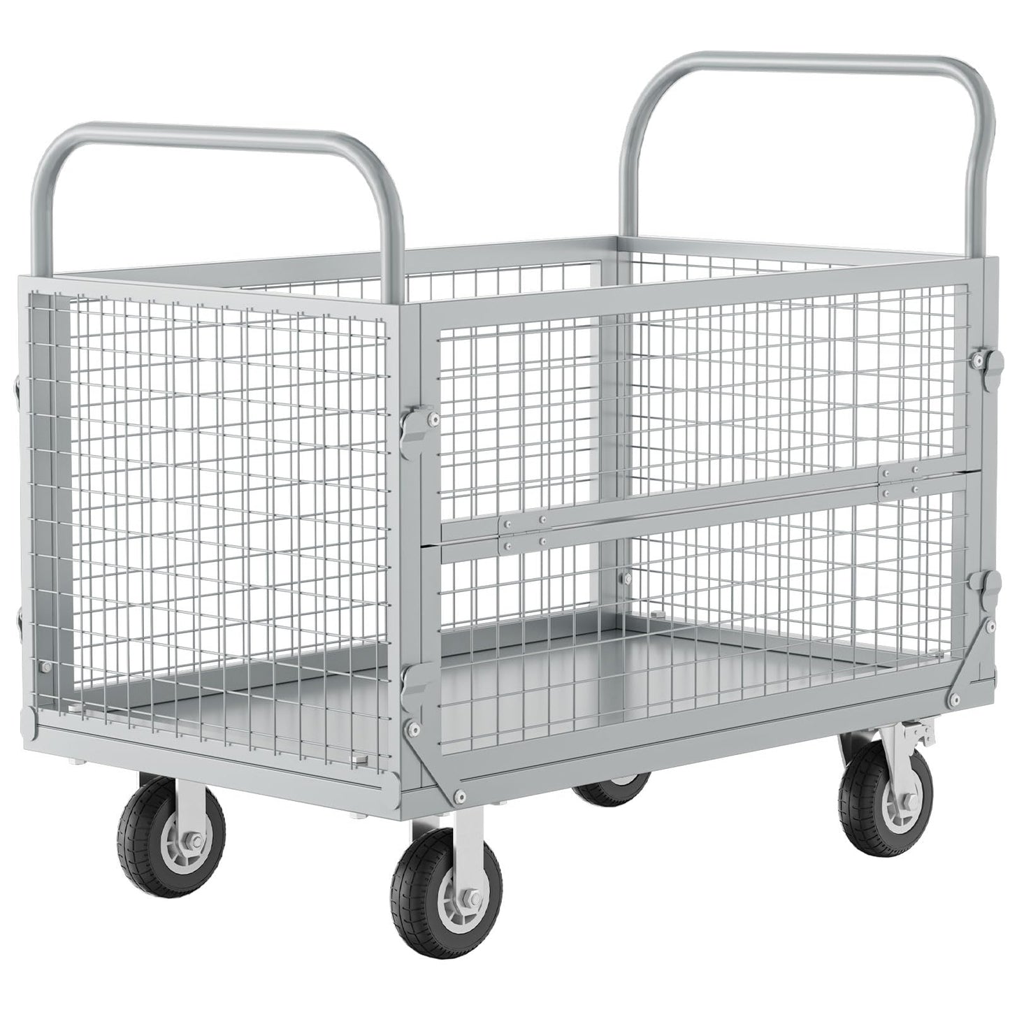 Platform Truck Cart with Cage, Multipurpose 5 in1Foldable Hand Truck, Heavy Duty Flatbed Cart, Load 2500LB with 4 Swivel Casters, Multi-Functional Push Cart for Grocery, Laundry, Shelving, Pantry