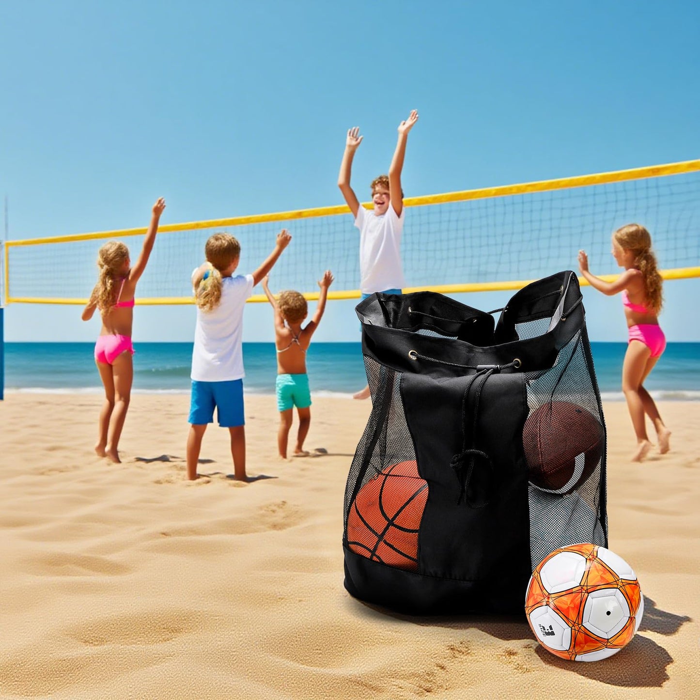 Nagpew Large Ball Bag, Mesh Sport Bag with Adjustable Double Strap, Drawstring, Heavy-duty Soccer Organizer Beach Toy Storage for Football, Basketball, Volleyball, Training