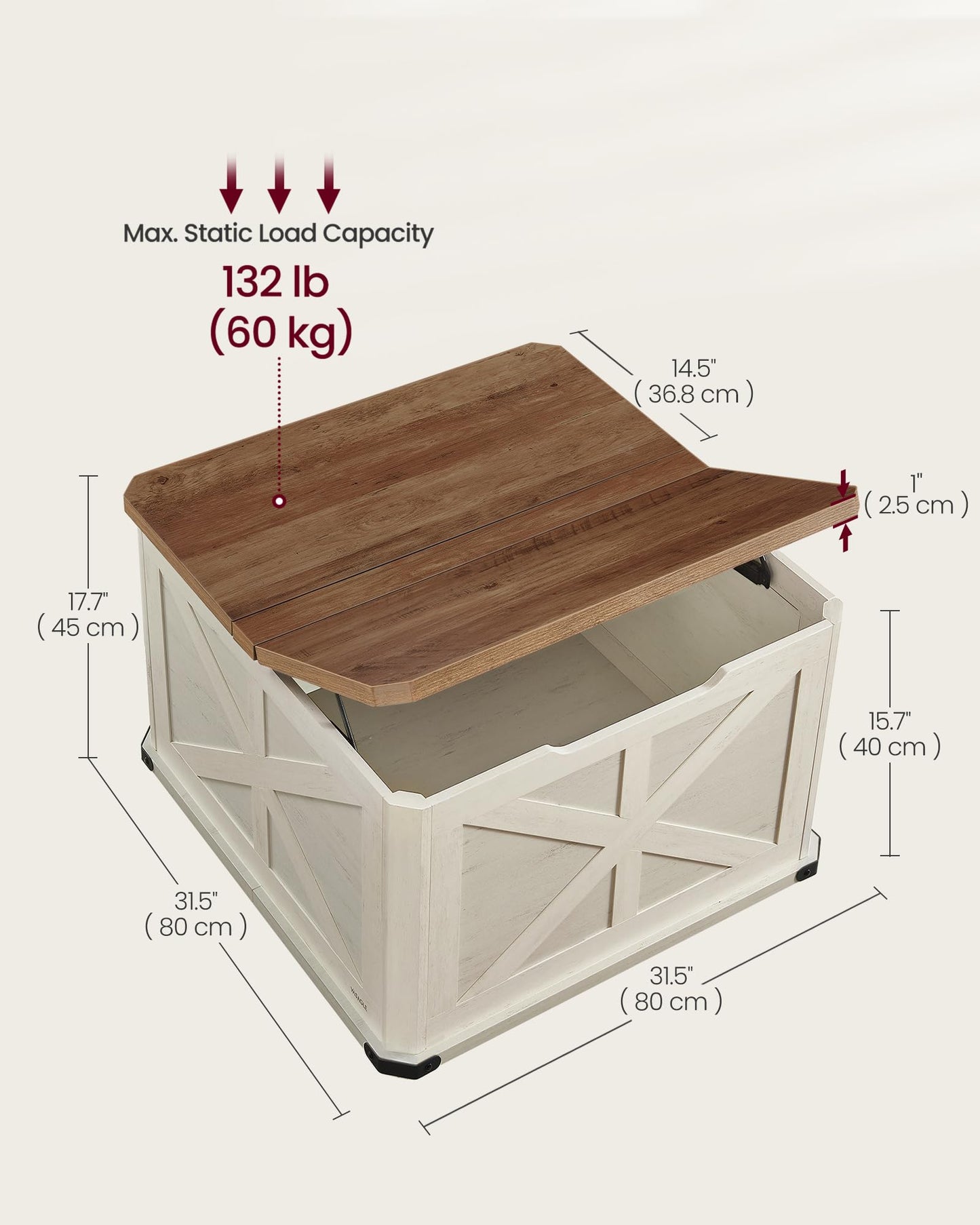 VASAGLE LIRY Collection - Farmhouse Coffee Table with Storage, Square Center Coffee Table for Living Room, with Hidden Compartment, Flip-Top Lids, Honey Brown and Rustic White ULCT232W73
