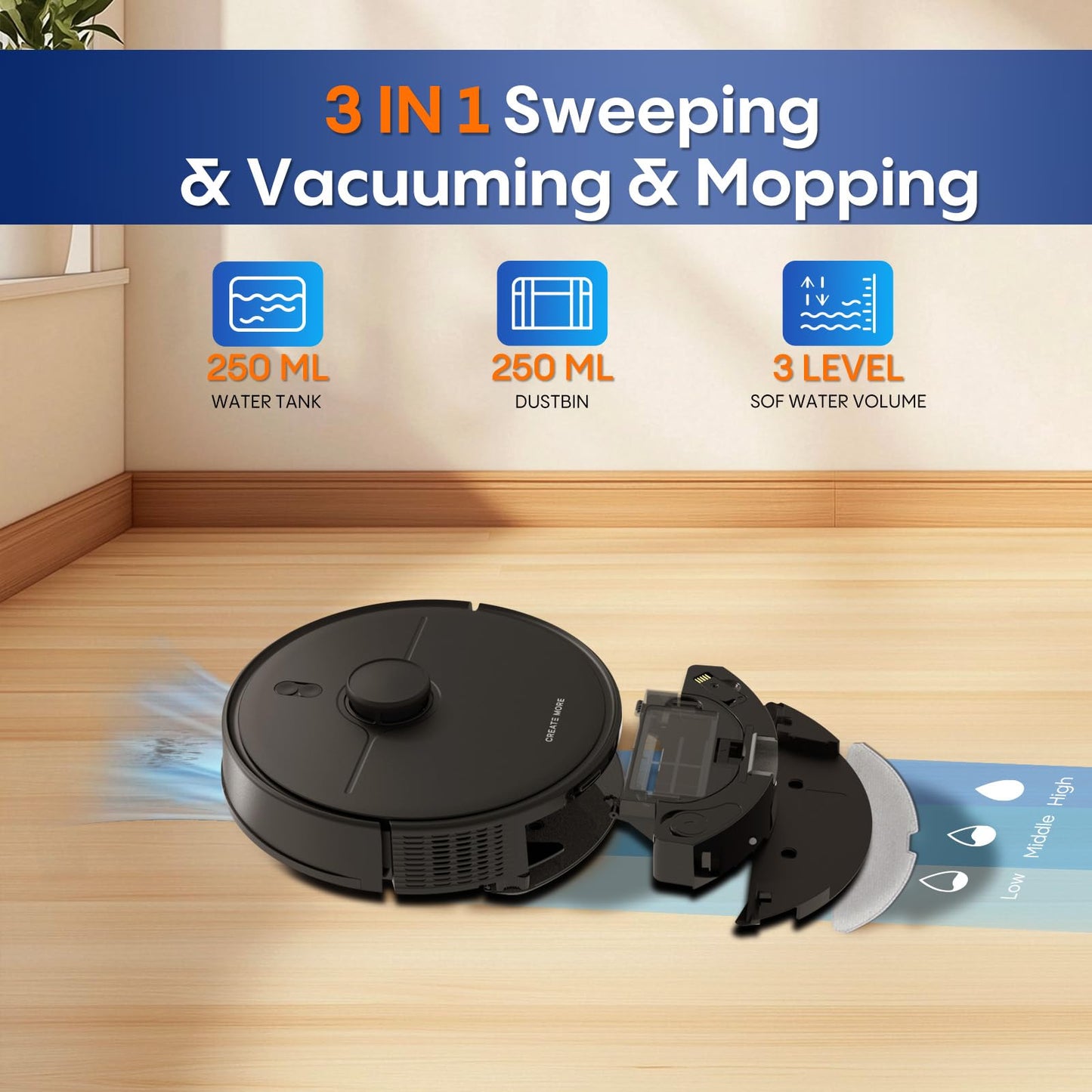 eitton Robot Vacuum and Mop Combo, 5000Pa Powerful Suction, Advanced Smart Mapping, Ideal for Pet Hair, Dust