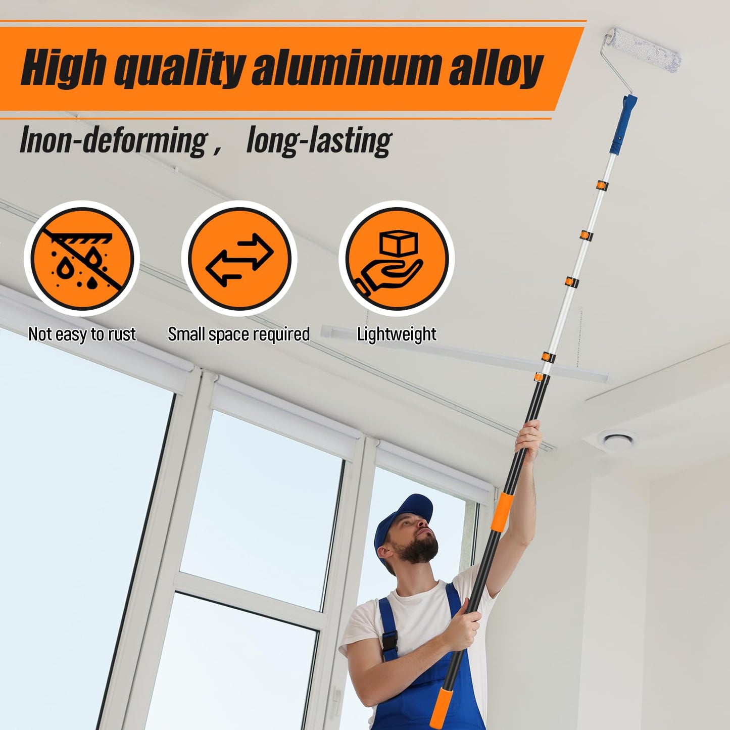 Leriton 7-36 ft Telescopic Extension Pole with Utility Hook, Multi-Purpose Aluminum Pole for Painting, Dusting and New Year Window Cleaning Christmas Lights Installation Without a Ladder (Orange)
