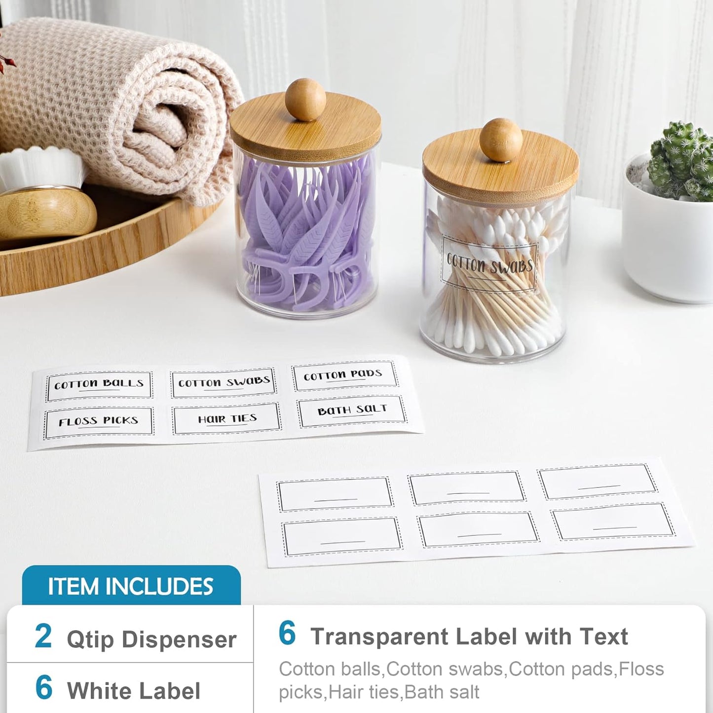 Qtip Holder Dispenser by [Brand Name] - 10 oz Clear Plastic Apothecary Jar with Bamboo Lids | Stylish Vanity Organizer for Cotton Swabs and Pads