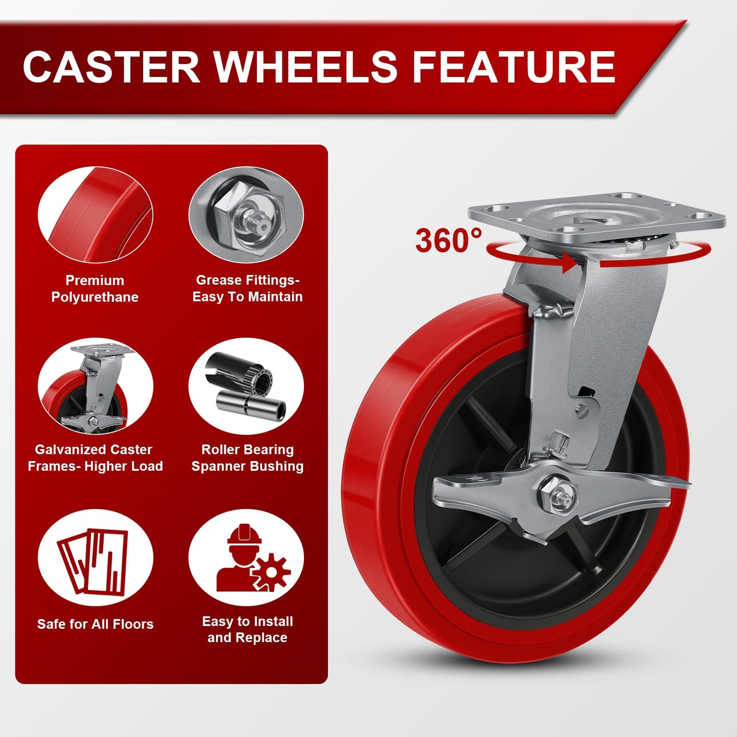 8"x 2" Heavy Duty Industrial Casters, Polyurethane on Polyolefin Core Wheel- Capacity up to 6000 Lbs (Set of 4), Use for Platform Truck, Industrial Equipment (4 Brake)