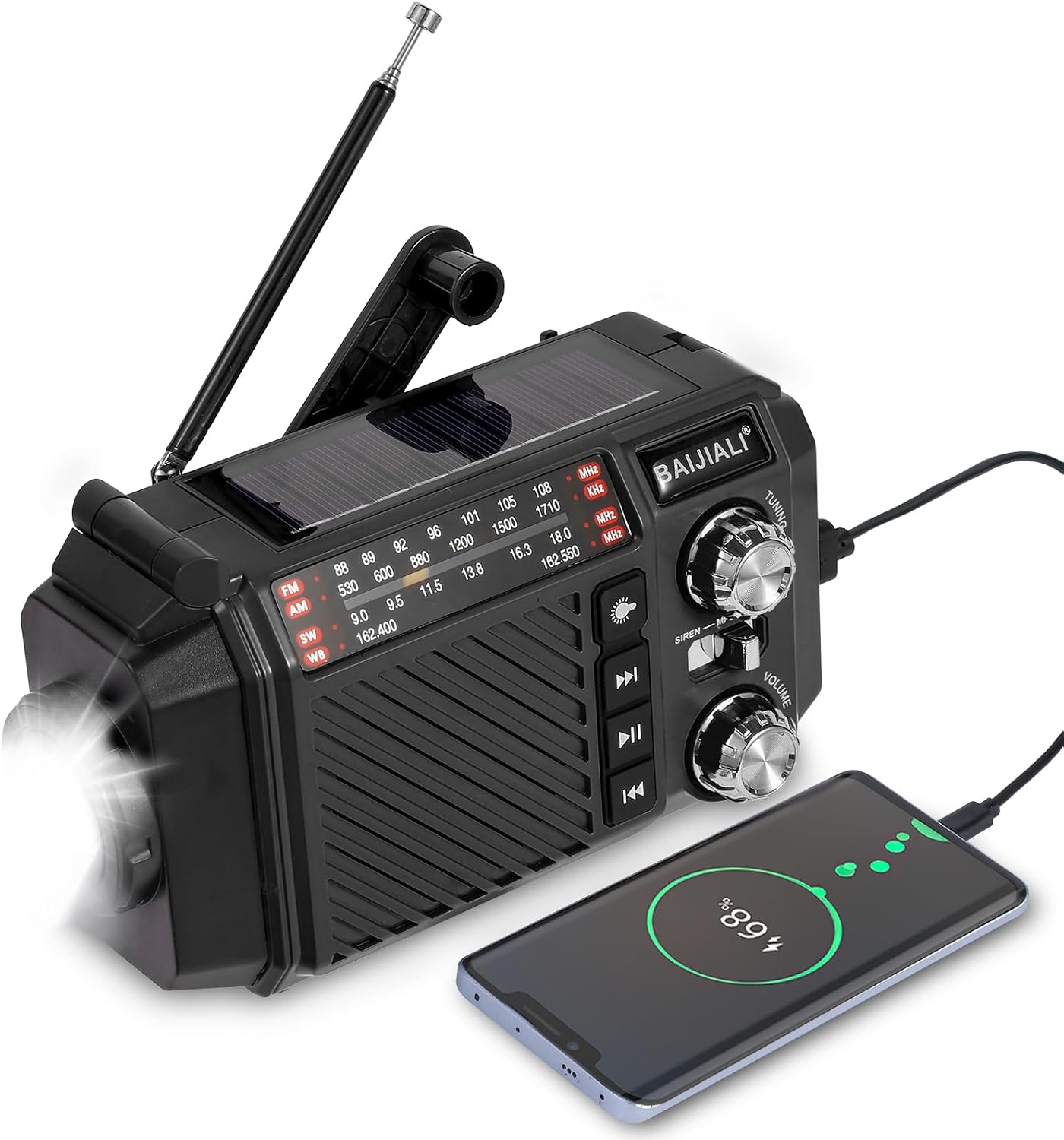 BAIJIALI 2600mAh/9620mWh Hand Crank Emergency Weather Radio with Power Bank, NOAA AM FM Shortwave Portable Radio, Solar