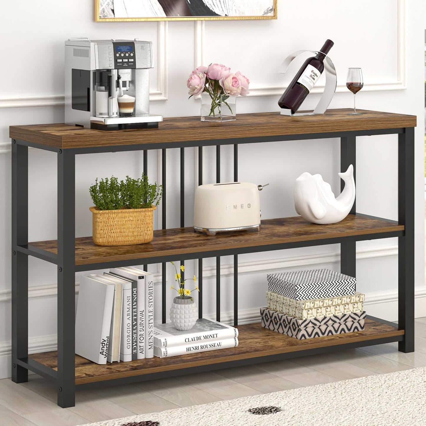 FOLUBAN Industrial Console Table, 3 Tier Entryway Sofa Foyer Table for Living Room Hallway Behind Couch, Rustic Brown