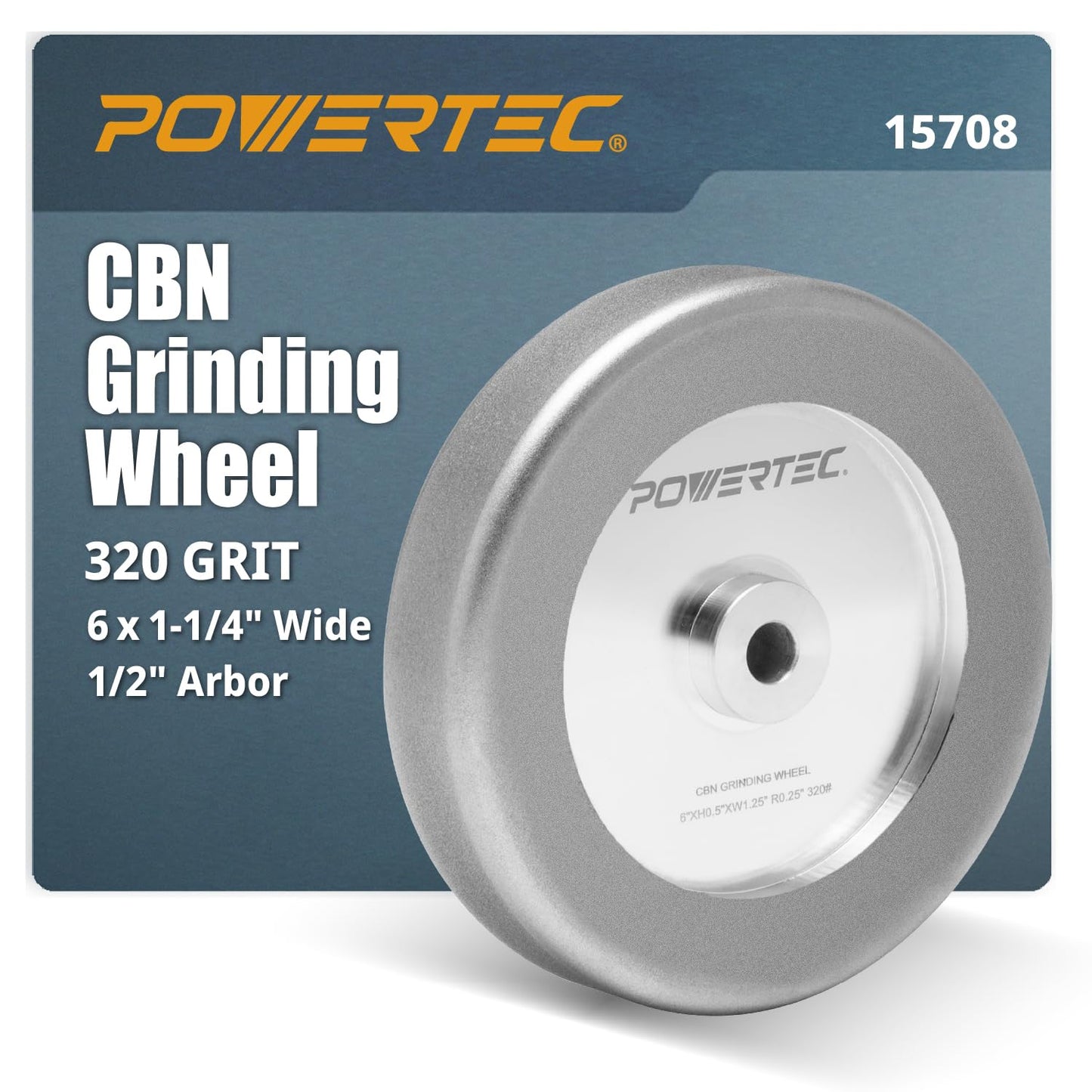 POWERTEC CBN Grinding Wheel 6 Inch 320 Grit, 1-1/4" Wide, 1/2" Arbor – 4-in-1 CBN Sharpening Wheel with 1/4" Radius Edge and Side Face for Bench Grinder (15708)