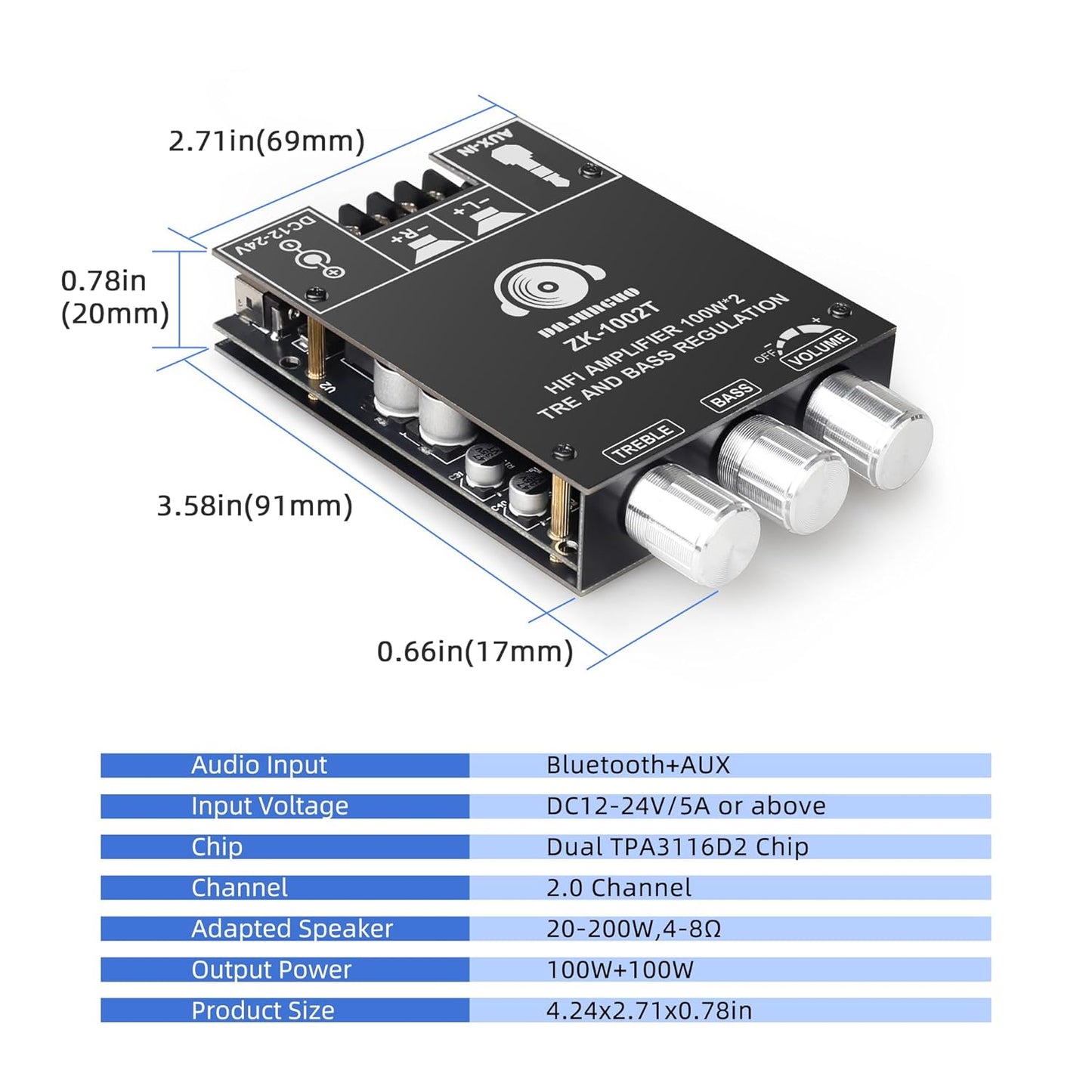 ZK-1002T 100W+100W IPEX-1 9-24V 2.0 TPA3116 DAJUNGUO Bluetooth Amplifier Board with Antenna, DC Input, Stereo