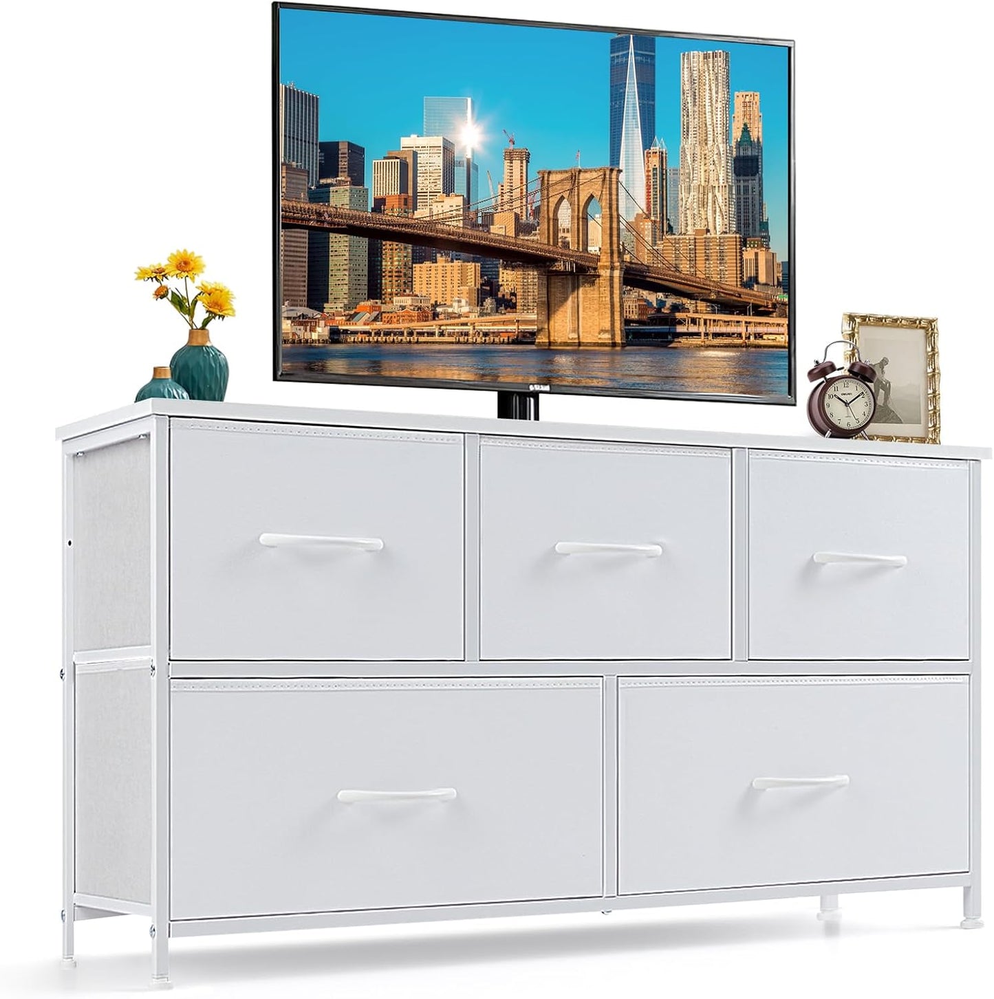 Regine Switzerland 5-Drawer Dresser - Anti-Tip Fabric Storage Organizer with Wooden Top | White Finish for Bedroom & Living Room
